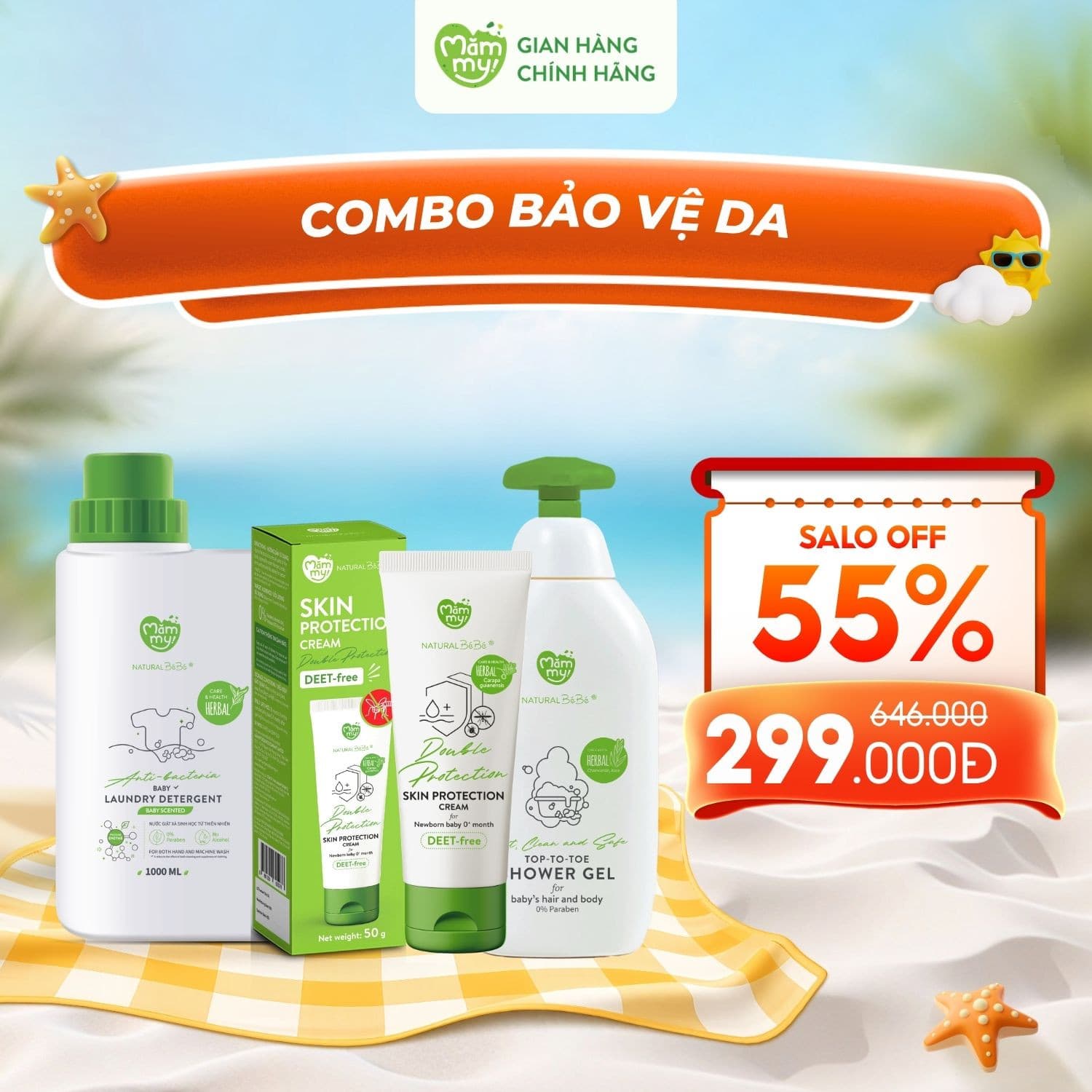 Combo Bảo vệ da: Sữa tắm gội 500ml, Kem chống muỗi 50g, Can nước giặt 1000ml