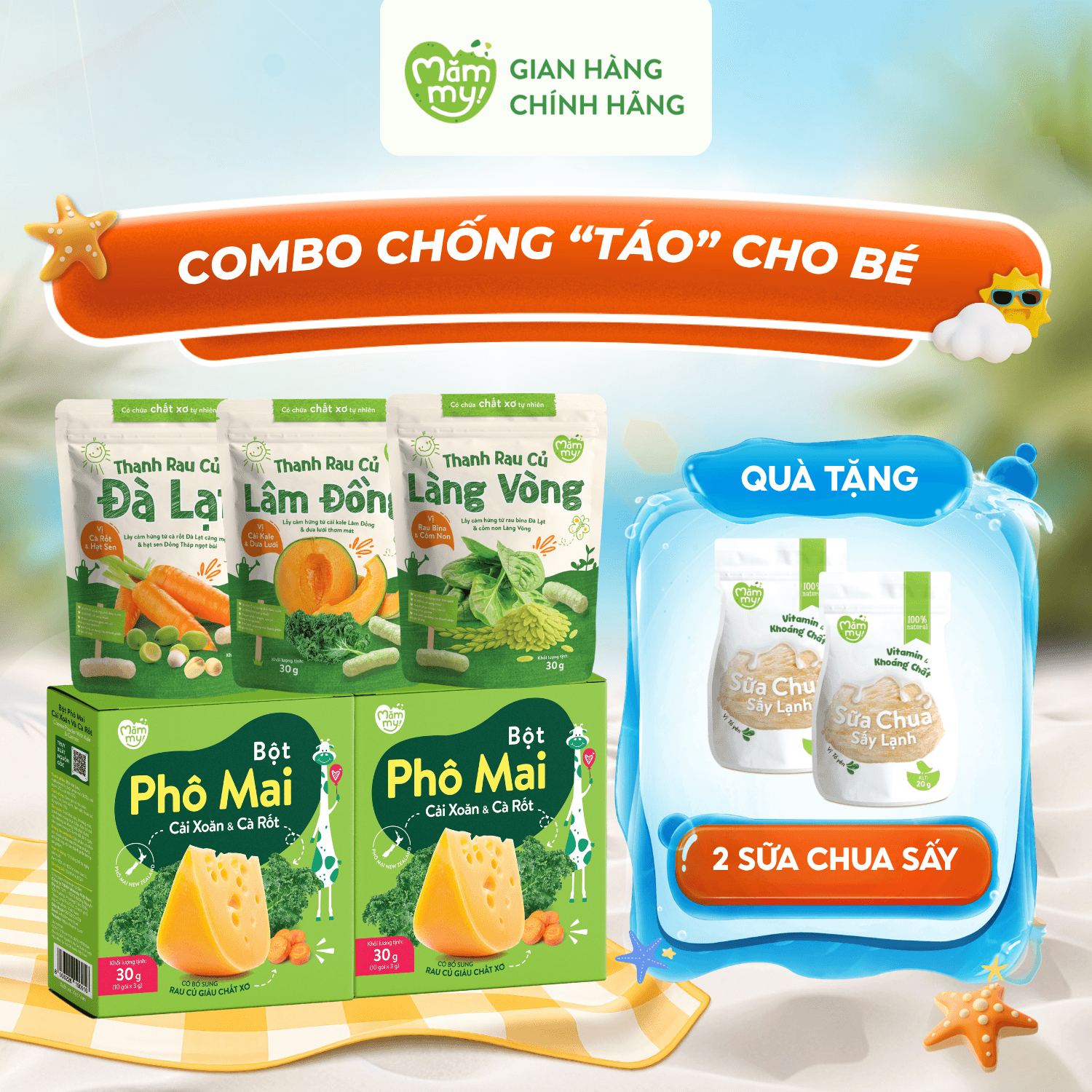 Combo chống "táo": 2 Phô Mai Rau Củ + 3 Bánh Thanh Rau Củ - Tặng 2 sữa chua sấy