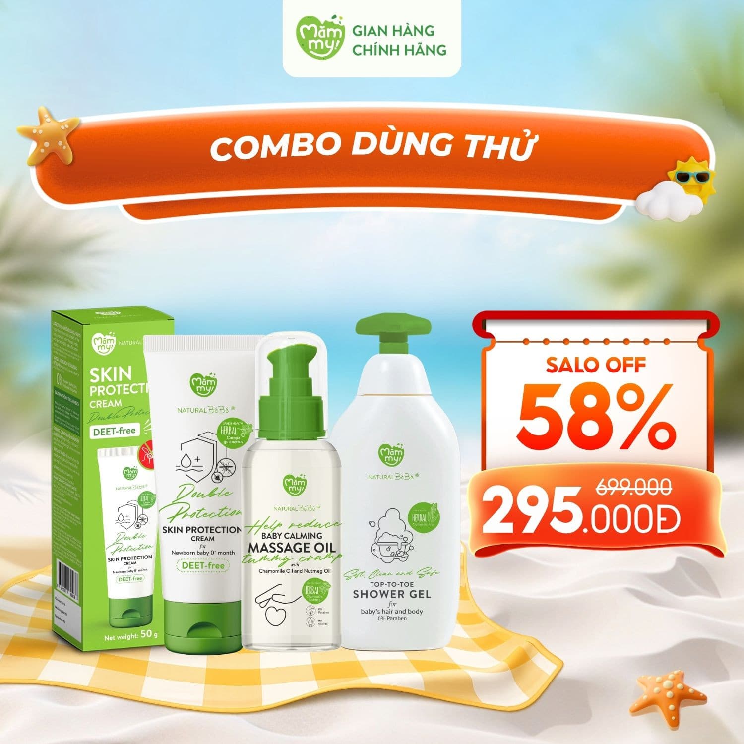 Combo Cosmetic Dùng thử: Sữa tắm gội 200ml, Kem chống muỗi 50g, Dầu massage 120ml