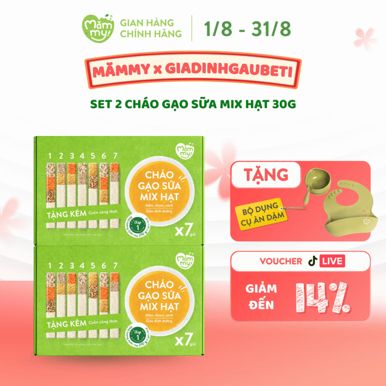 Combo 2 Cháo gạo sữa mix hạt 30g- [QUÀ TẶNG] BÌNH + TÚI Ủ CHÁO 2