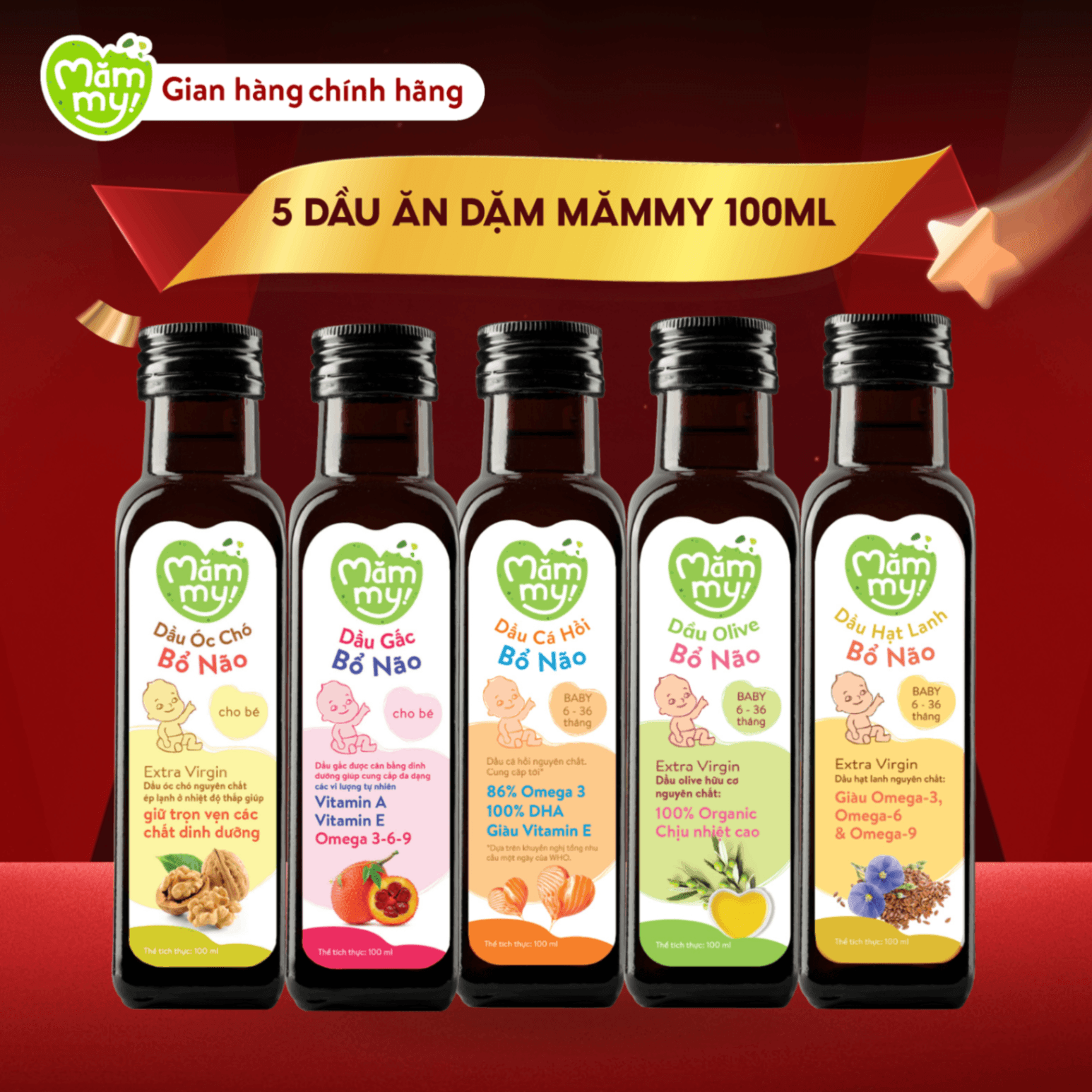 CB: 5 dầu ăn dặm Mămmy (Cá hồi, Hạt lanh, Olive, Óc chó, Gấc đỏ) chai 100ml - Tặng Xe Lắc Phi Hnahf Gia 3
