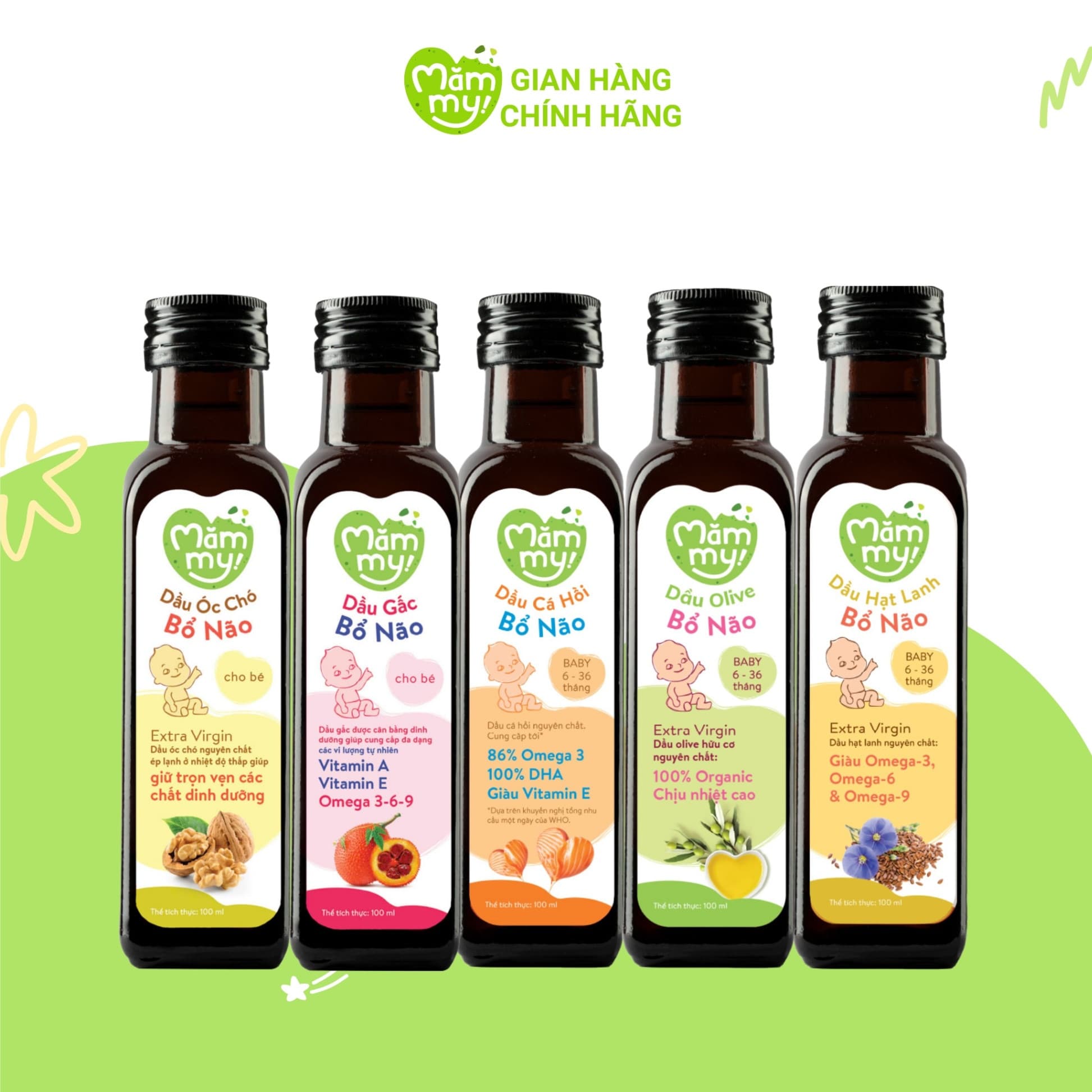 CB: 5 dầu ăn dặm Mămmy (Cá hồi, Hạt lanh, Olive, Óc chó, Gấc đỏ) chai 100ml - Tặng Xe Lắc Phi Hnahf Gia 2