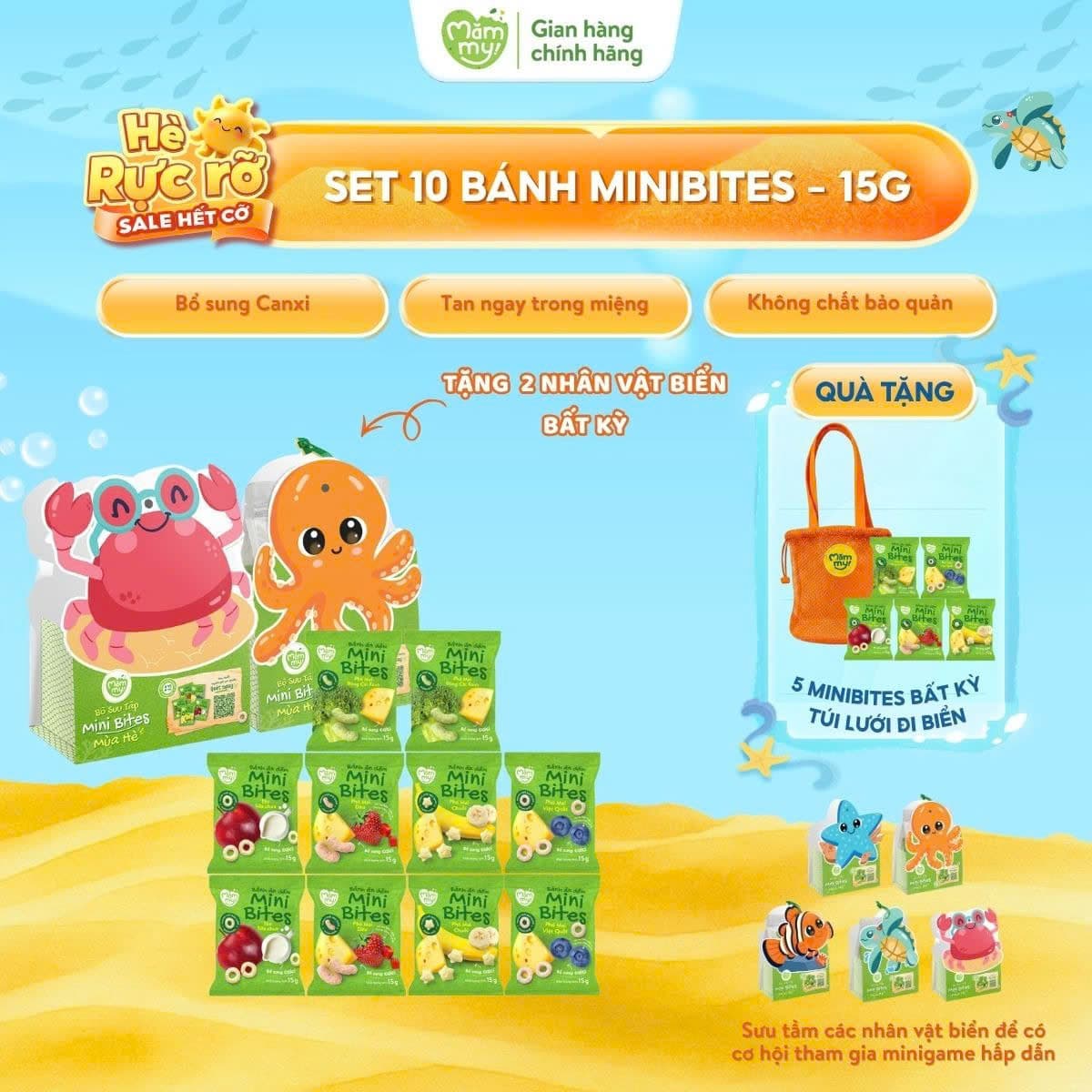 Combo 10 Bánh Ăn Dặm Minibites Đủ Vị + 2 Túi Giấy Minibites - Tặng 5 Bánh Minibites + Túi Lưới Đi Biển