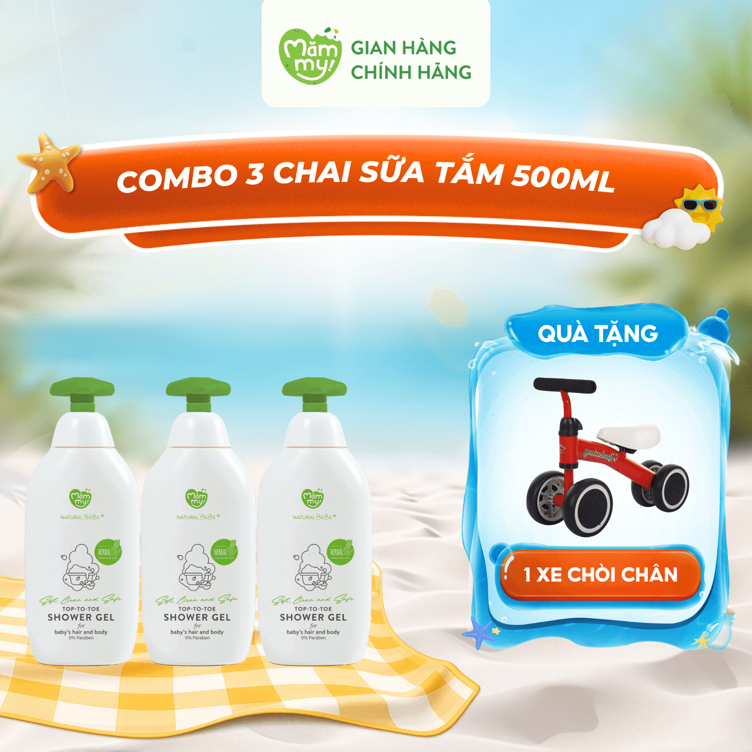 Combo 3 Sữa Tắm Gội Mămmy Chai 500ml-Tặng  1 XE CHÒI CHÂN Cho Bé