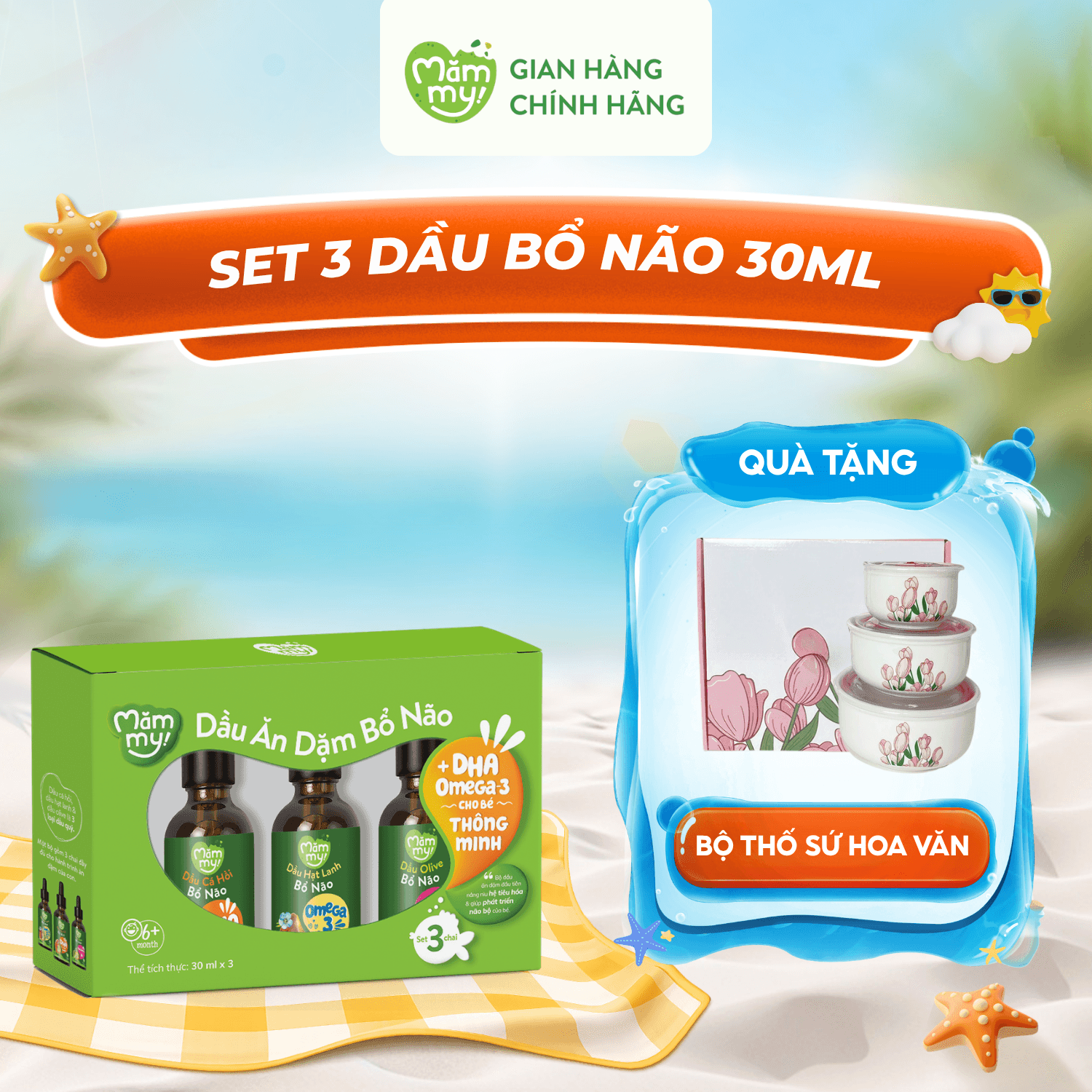 Set 3 Chai Dầu Ăn Dặm Bổ Não Mămmy (30ml/Chai) - Tặng Bộ thố Sứ Hình Hoa Văn