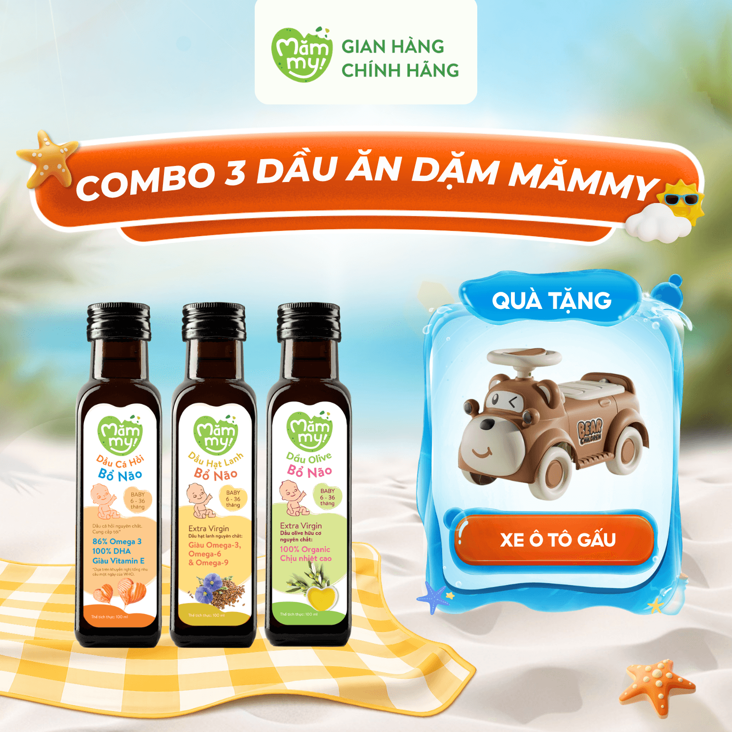 Combo 3 dầu ăn dặm 100ml - Tặng XE CHÒI Ô TÔ GẤU