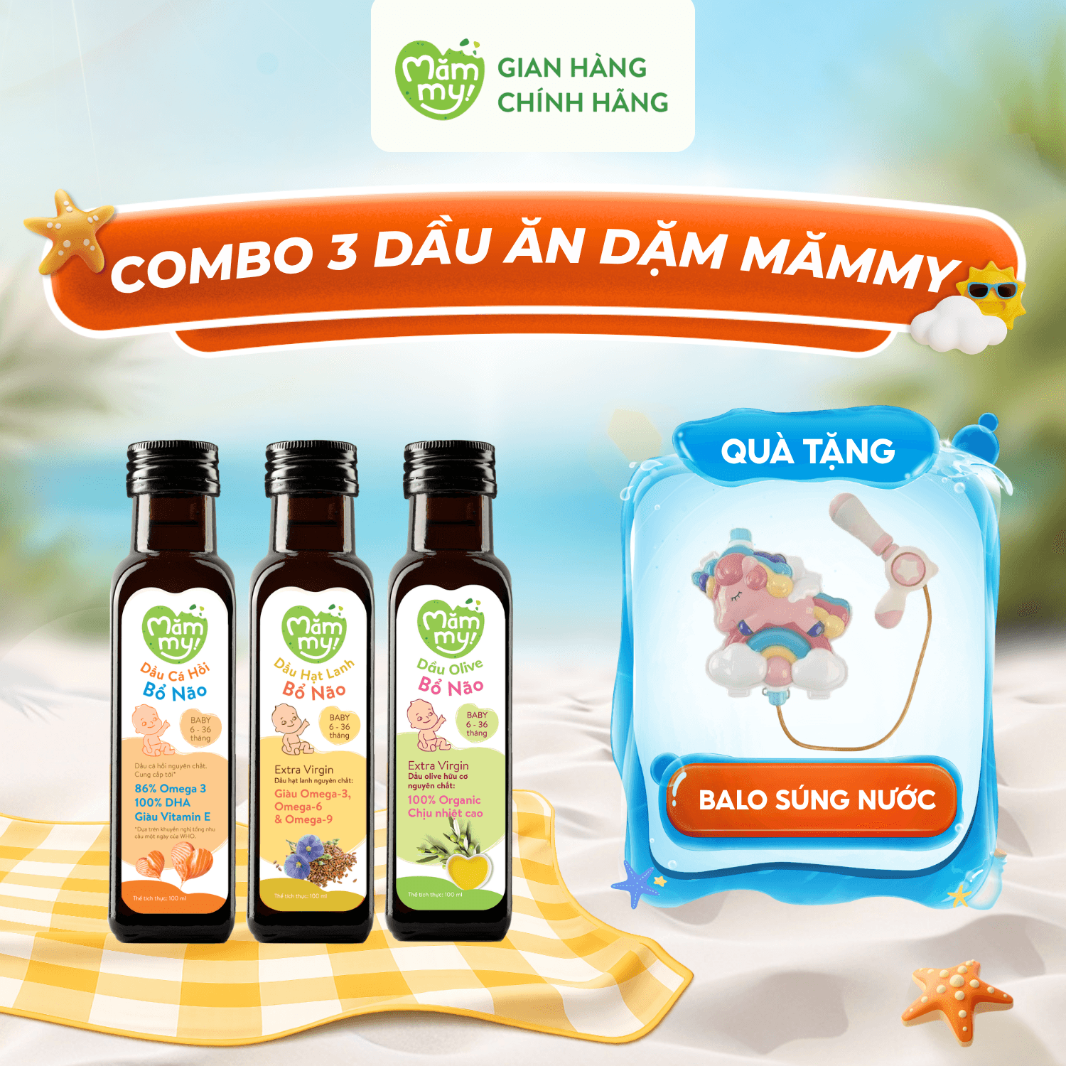 Combo 3 dầu ăn dặm 100ml (Cá hồi, Hạt lanh, Olive) - Tặng Balo Súng Nước