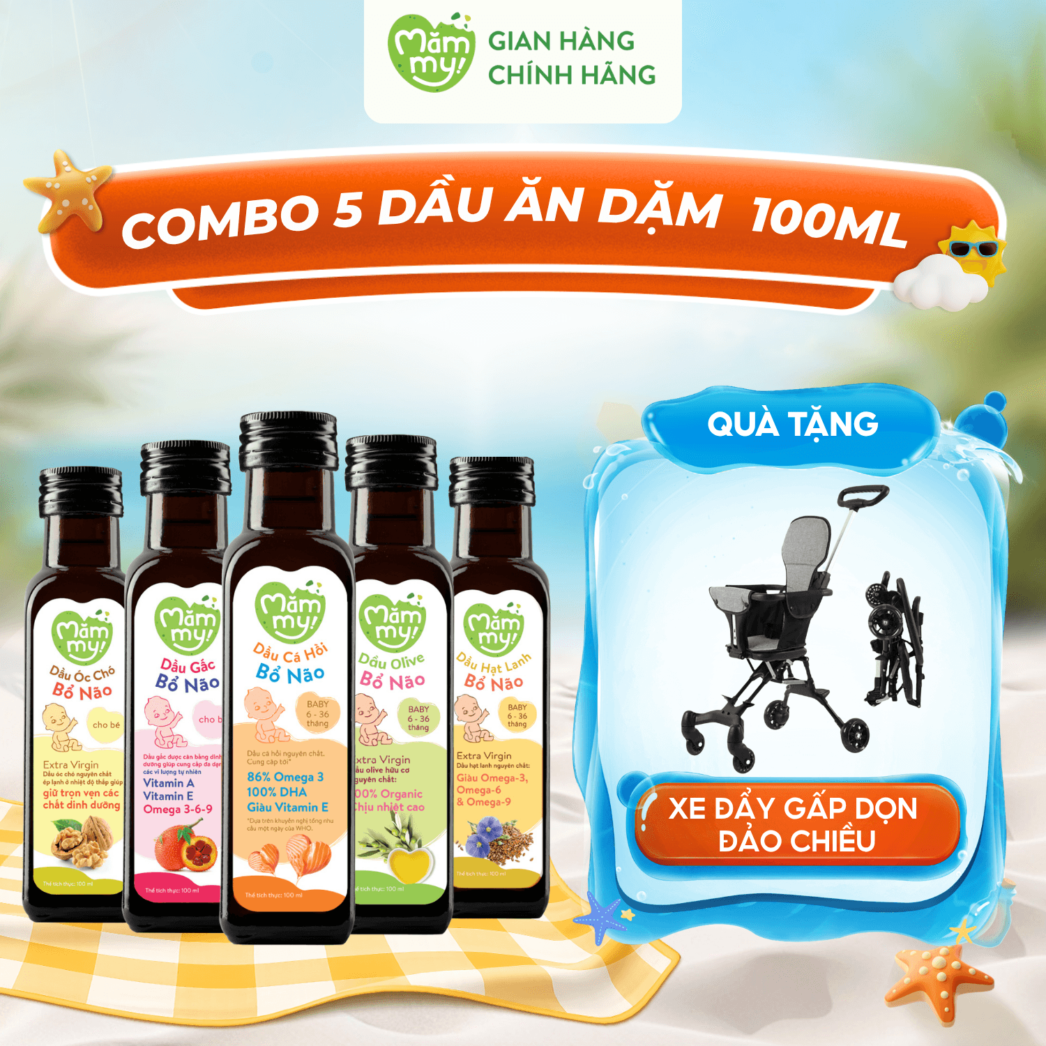 ]Combo 5 dầu ăn dặm chai 100ml - Tặng Xe Đẩy Gấp Gọn Đảo Chiểu