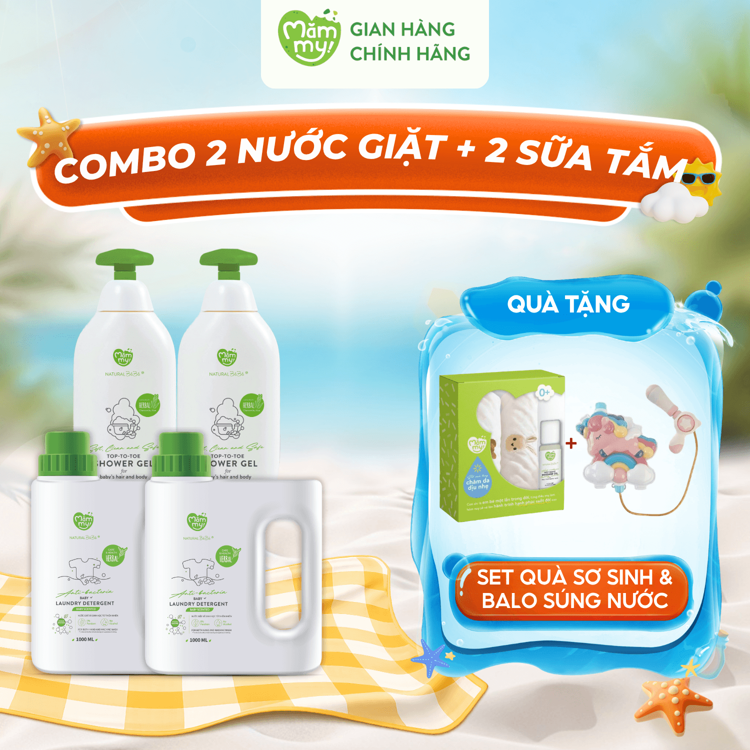 Combo 2 can nước giặt 1000ml và 2 chai sữa tắm 500ml - Tặng SET QUÀ SƠ SINH  và 1 balo súng nước