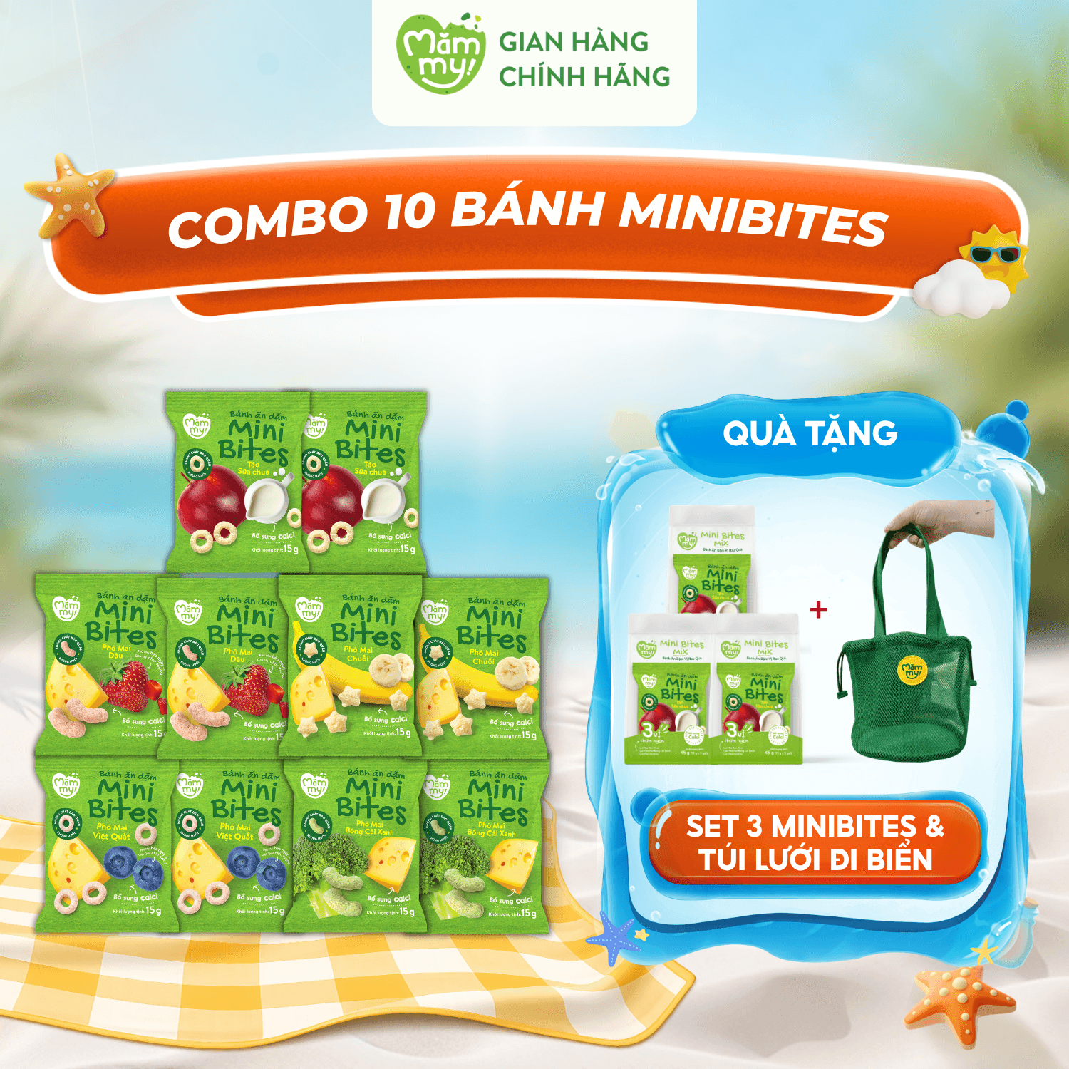 Combo 10 bánh Minibites (đủ vị) - tặng 1 set 3 minibites + 1 túi lưới đi biển