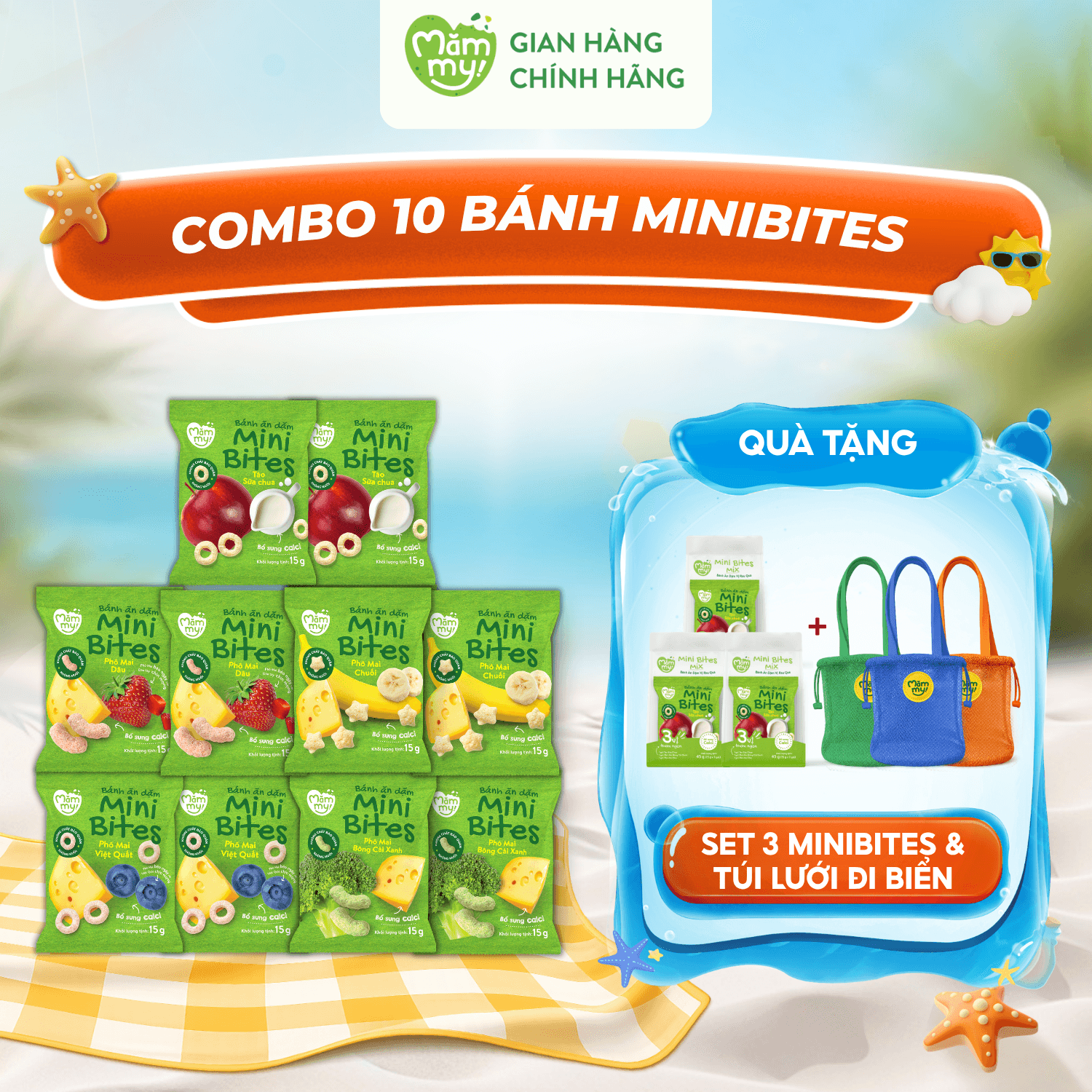 Combo 10 bánh Minibites (đủ vị) - tặng 1 set 3 minibites + 1 túi lưới đi biển