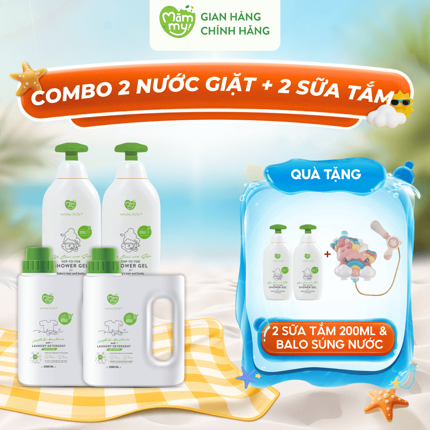Combo 2 can nước giặt 1000ml và 2 chai sữa tắm 500ml - Tặng 2 chai sữa tắm 200ml và 1 balo súng nước