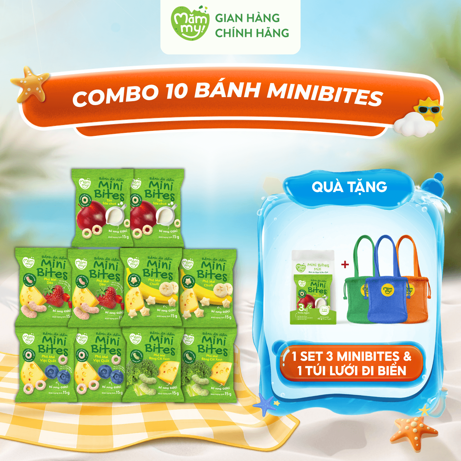 Combo 10 bánh Minibites (đủ vị) - tặng 1 set 3 minibites + 1 túi lưới đi biển