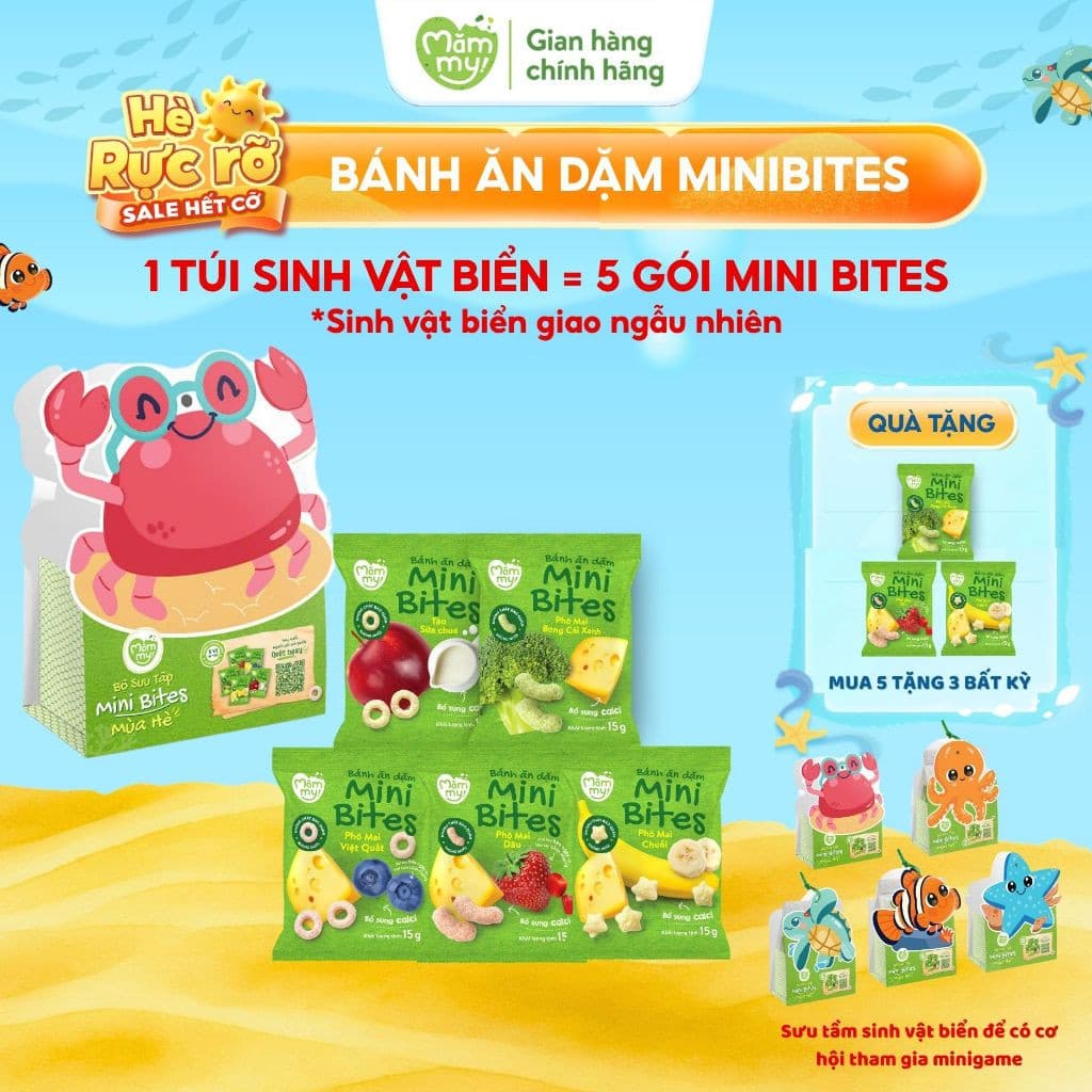 CB: 5 Bánh Ăn Dặm Minibites vị (Dâu, Bông Cải Xanh, Việt Quất, 2 Táo sữa chua) + 1 Túi Giấy Minibites 2