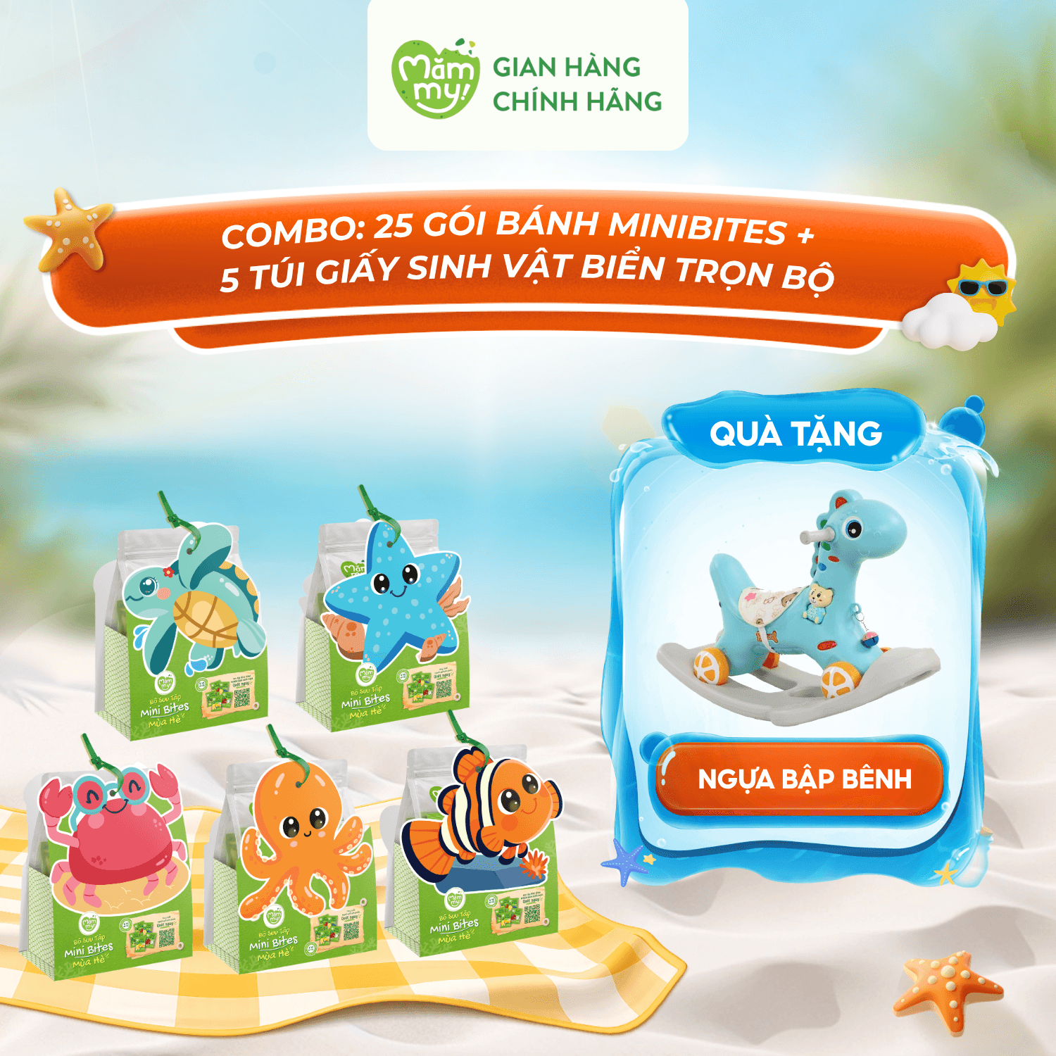COMBO 25 GÓI BÁNH MINIBITES (Đủ vị) + 5 POSM Túi giấy cho Set 3 Minibites (Trọn Bộ) - TẶNG NGỰA BẬP BÊNH CHO BÉ
