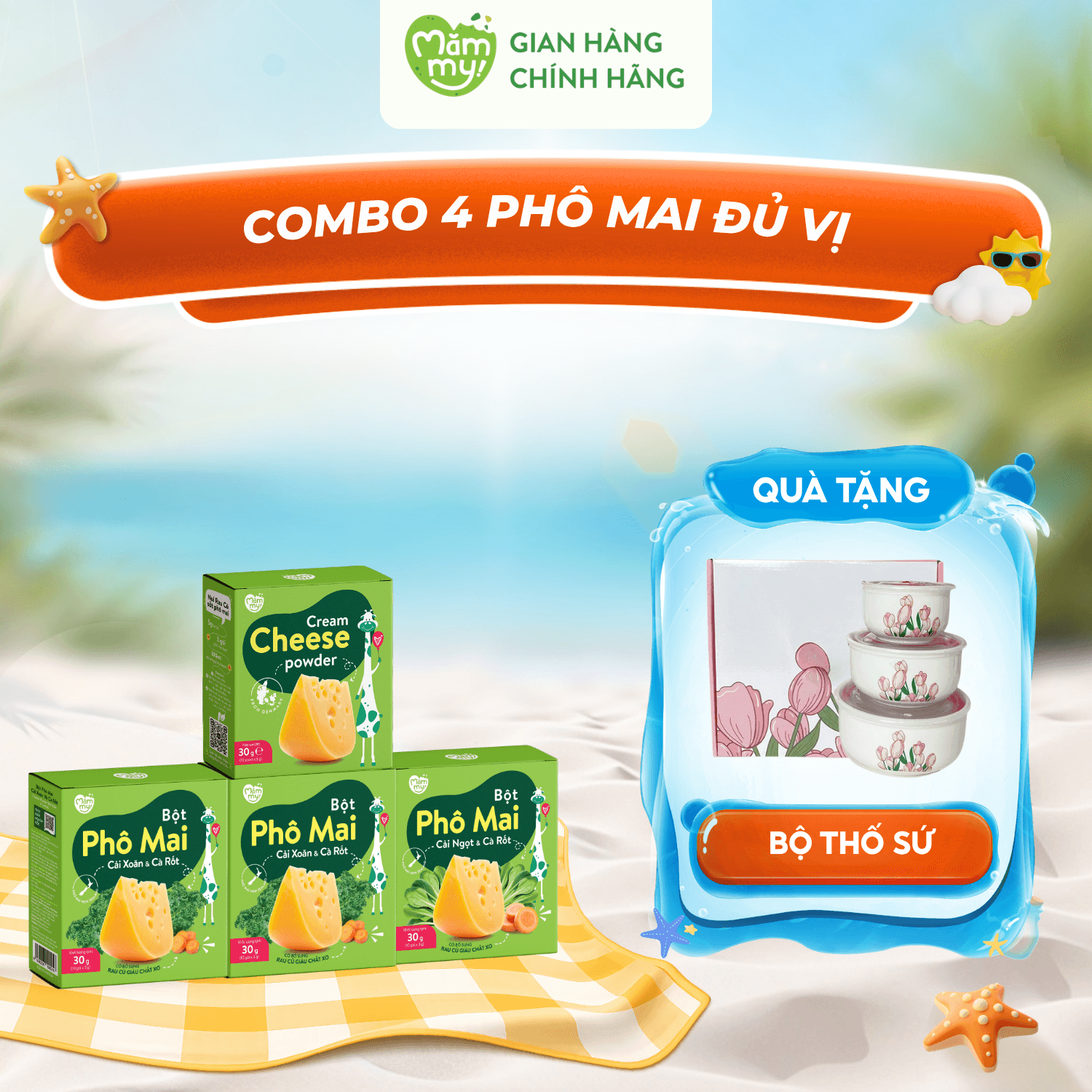 Combo 4 Hộp Phô Mai Đủ Vị - Tặng BỘ 3 THỐ SỨ