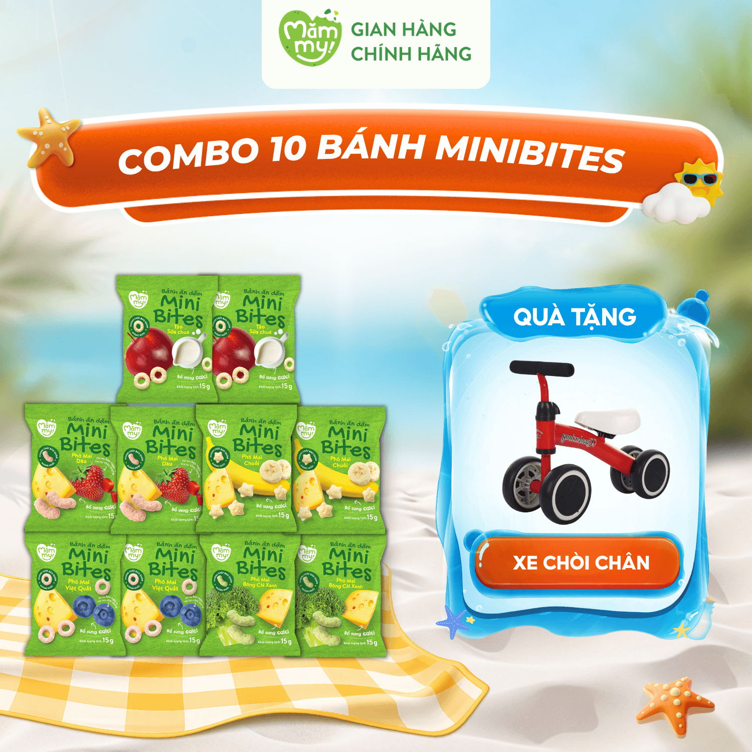Combo 10 bánh Minibites (đủ vị) - Tặng XE CHÒI CHÂN CHO BÉ