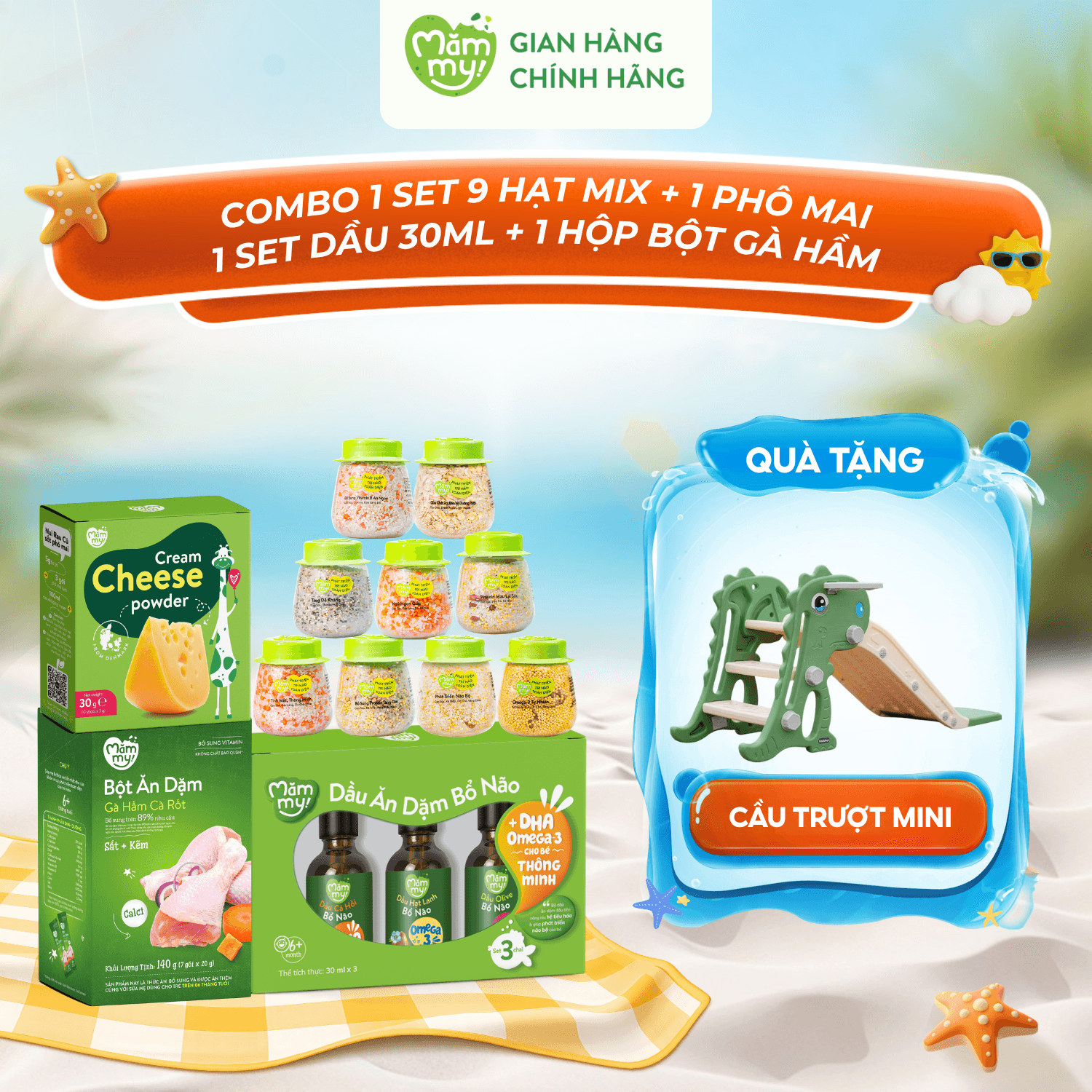 Combo Set 9 hạt mix + set 3 dầu bổ não 30ml +phô mai tách muối + bột ăn dặm vị gà hầm - Tặng CẦU TRƯỢT MINI