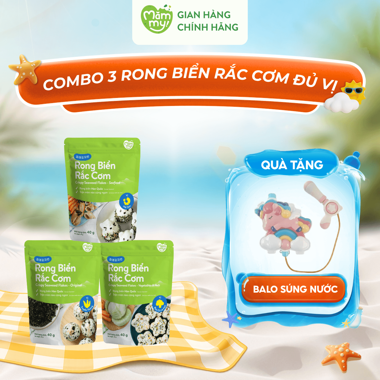 Combo 3 Rong Biển Rắc Cơm Đủ Vị - Tặng BALO SÚNG NƯỚC