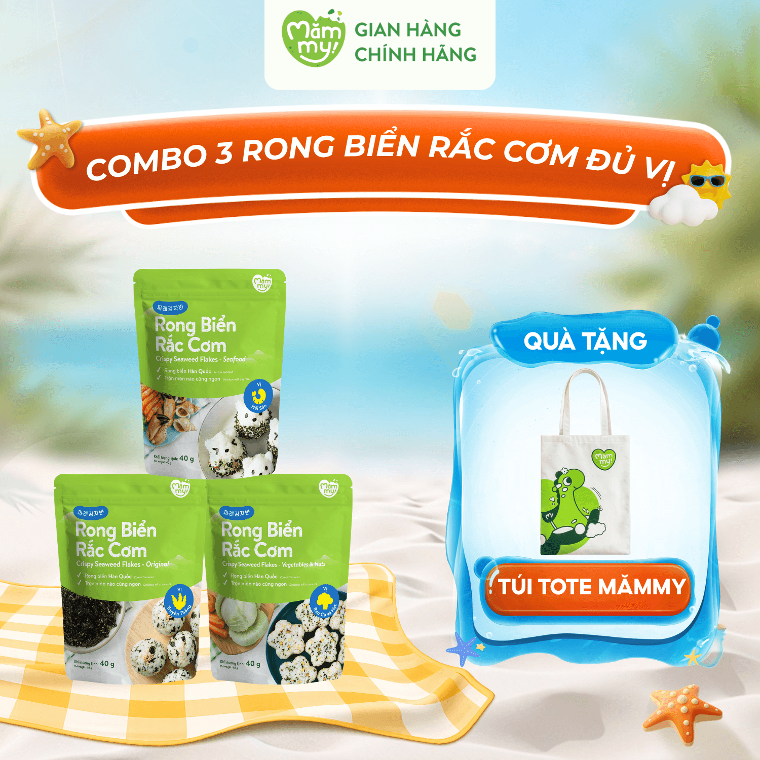 Combo 3 Rong Biển Rắc Cơm Đủ Vị - Tặng BALO SÚNG NƯỚC