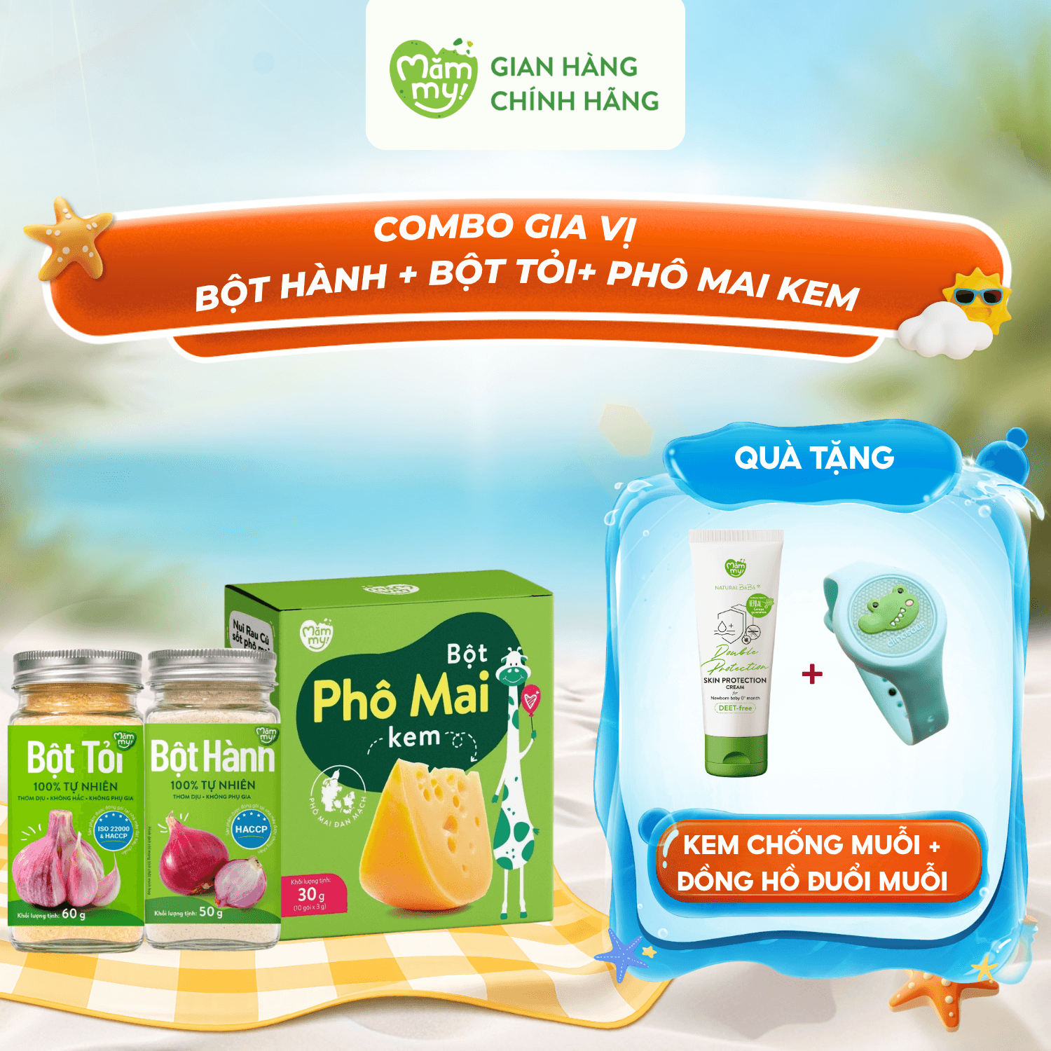 Combo Gia vị: Bột hành + Bột tỏi + Phô Mai Kem Tách Muối - Tặng KEM CHỐNG MUỖI TUÝP 20G + ĐỒNG HỒ ĐUỔI MUỖI