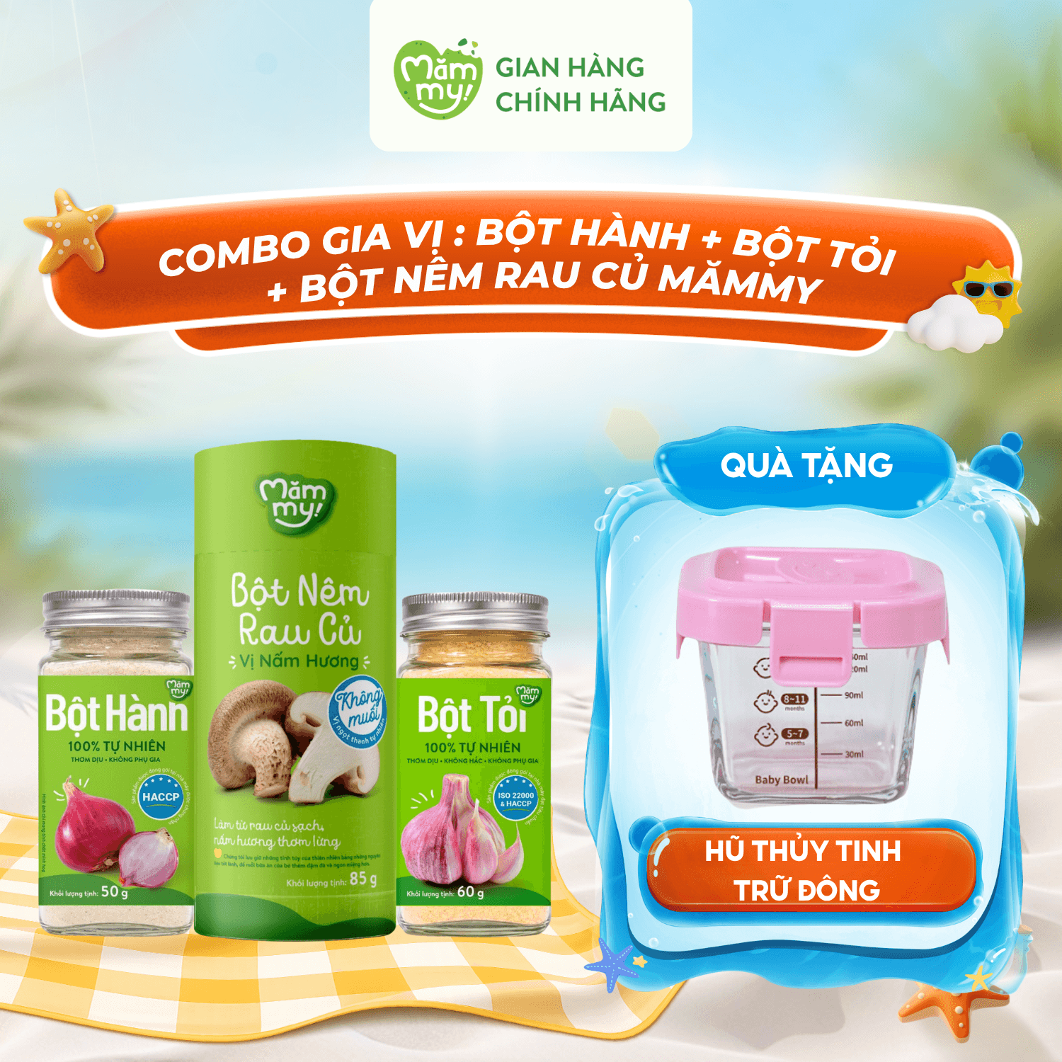 Combo Gia vị: Bột hành + Bột tỏi + Bột Nêm Rau Củ Mămmy - TẶNG HỦ THỦY TINH TRỮ ĐÔNG