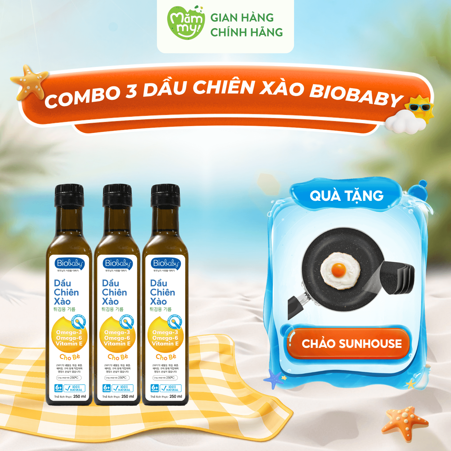 COMBO 3 Dầu Chiên Xào Biobaby  250ML- Tặng CHẢO SUNHOUSE 1