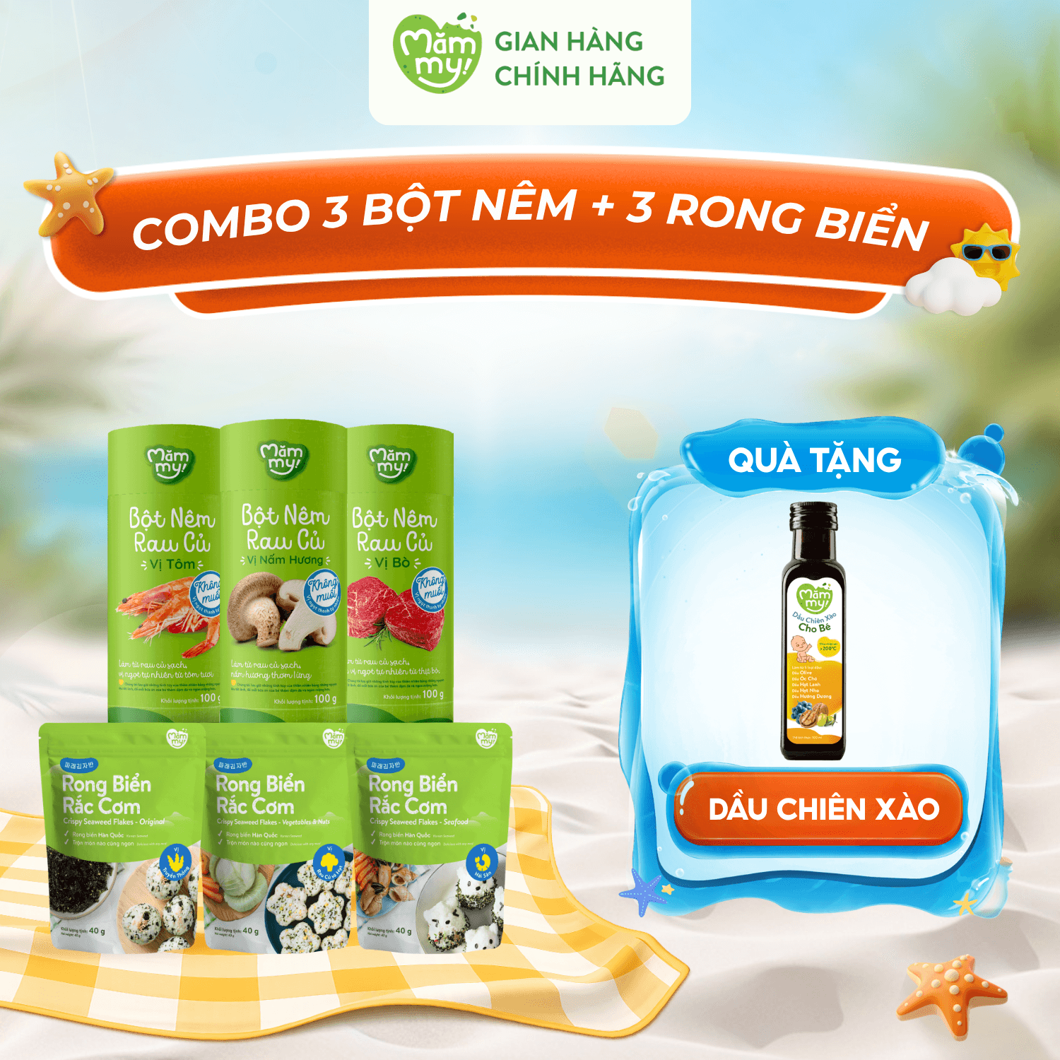 Combo 3 Bột Nêm (Tôm, Bò, Nấm) + 3 Rong Biển Đủ Vị - Tặng DẦU CHIÊN XÀO MĂMMY