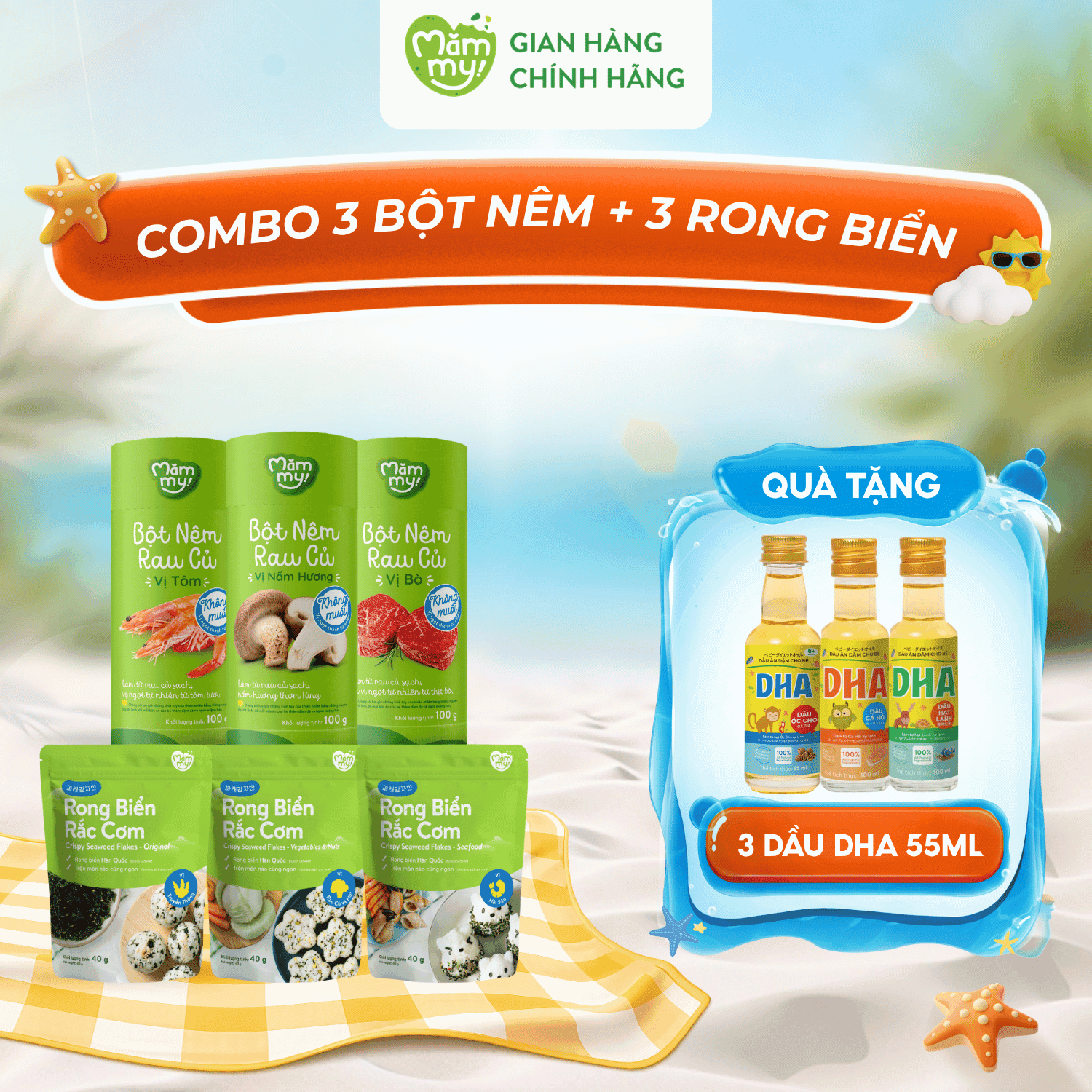 Combo 3 Bột Nêm (Tôm, Bò, Nấm) + 3 Rong Biển Đủ Vị - Tặng 3 DẦU DHA 55ML