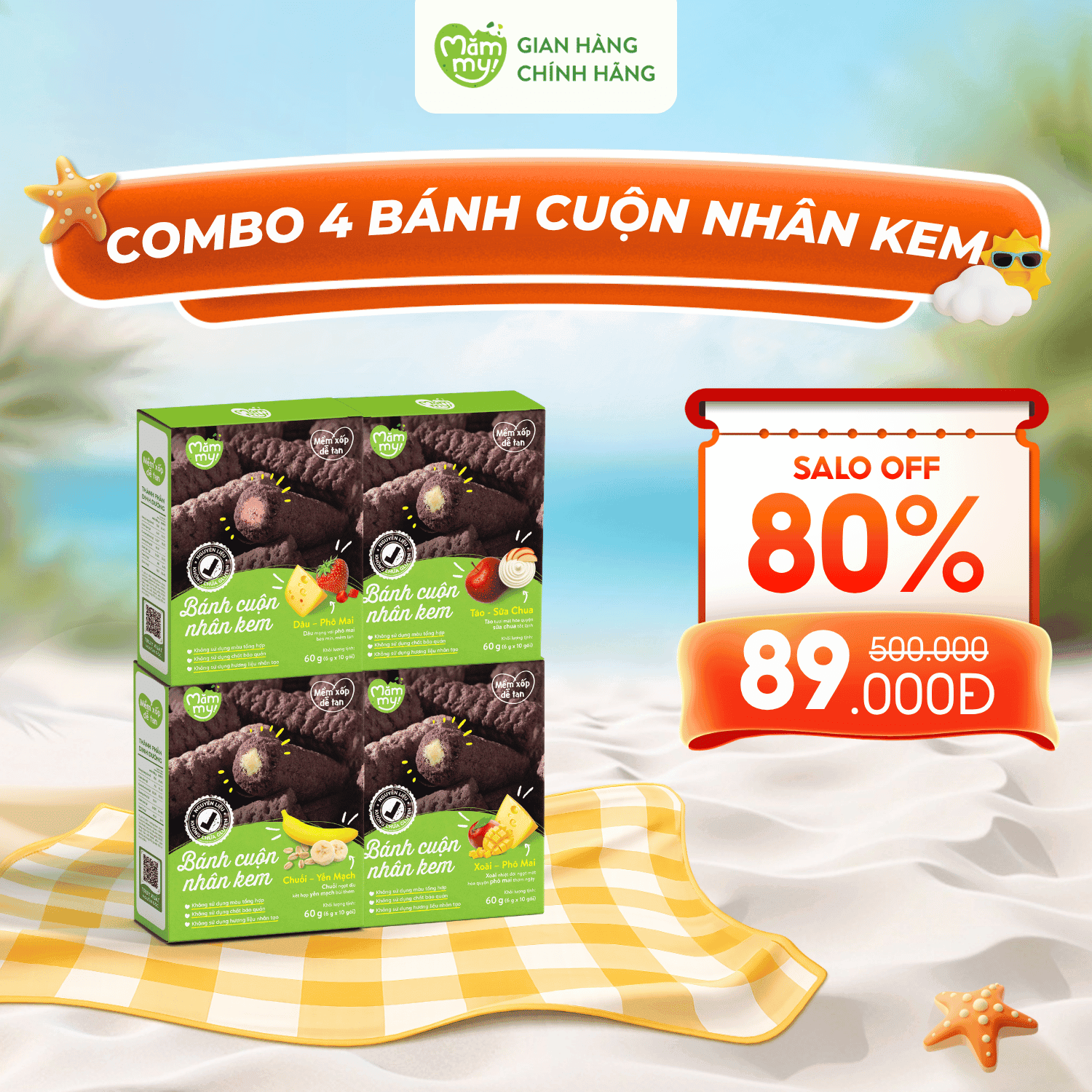 [ 30 - 60 Ngày ] Combo 4 Bánh Ăn Dặm Cuộn Nhân Kem (Xoài, Chuối, Dâu, Táo) Hộp 60g