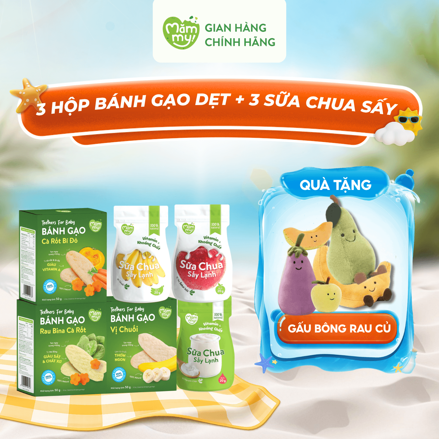 Combo 3 Hộp Bánh Gạo Dẹt + 3 Sữa Chua Sấy - Tặng GẤU BÔNG RAU CỦ