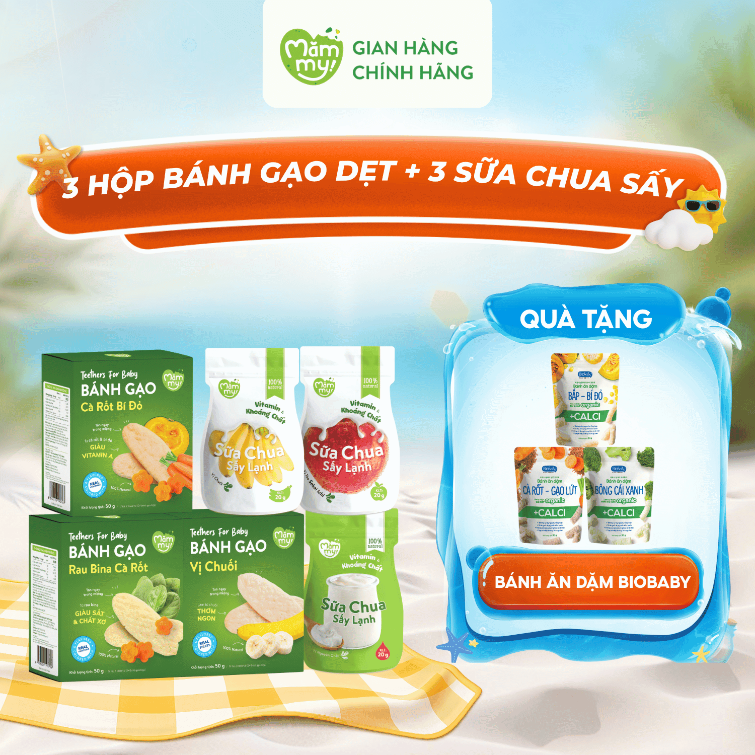 COMBO 3 Hộp Bánh Gạo Dẹt + 3 Sữa Chua Sấy - Tặng 3 TÚI BÁNH BIOBABY