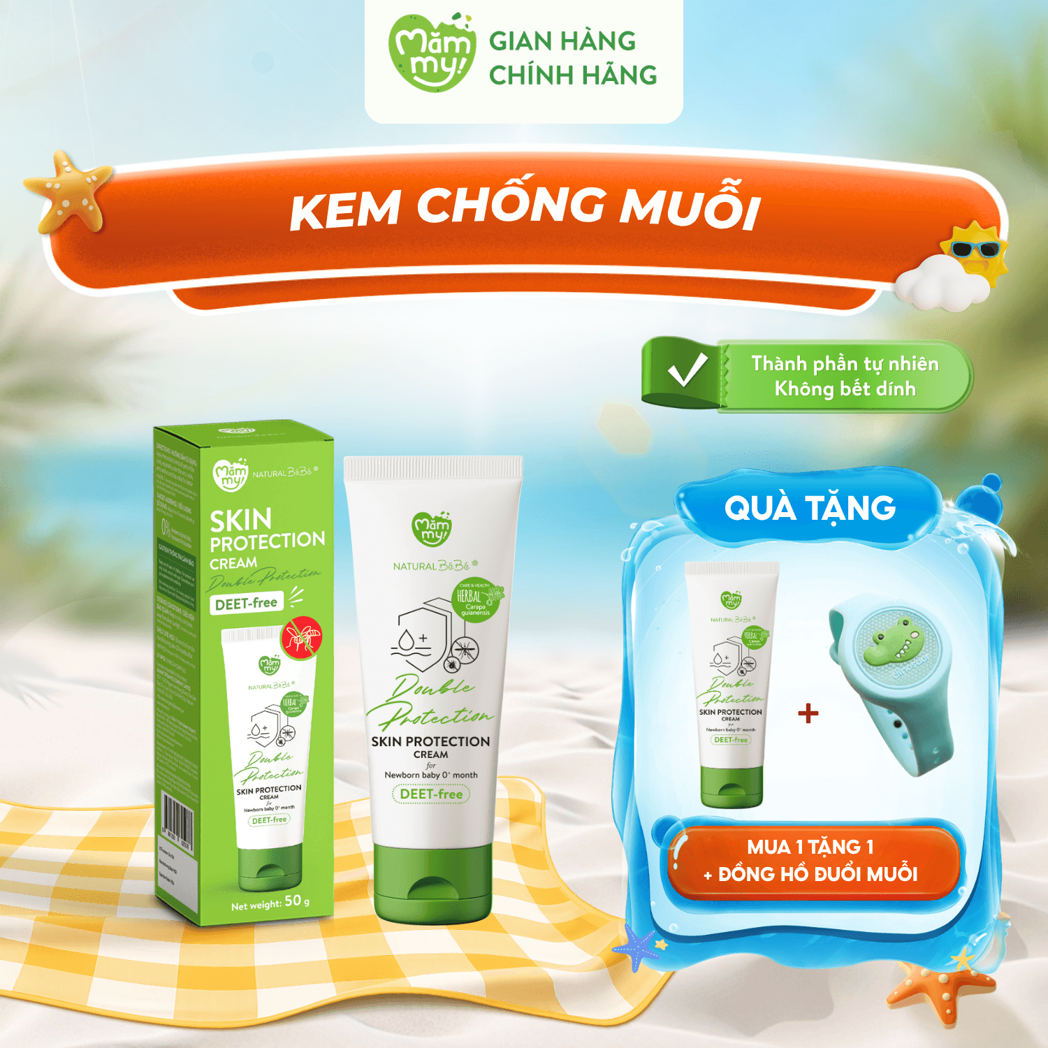 Kem Chống Muỗi Bảo Vệ Da Mămmy Tuýp 50g - TẶNG TUÝP 20G + ĐỒNG HỒ ĐUỔI MUỖI