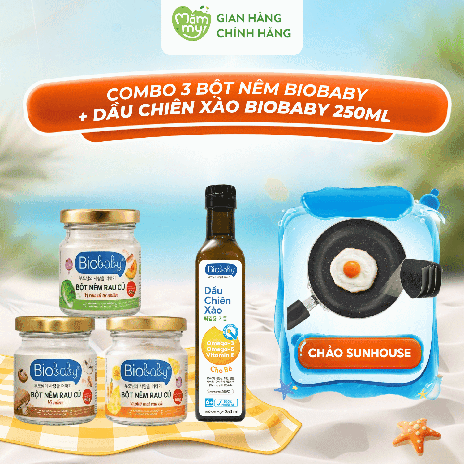 Combo 3 Bột Nêm Biobaby + Dầu Chiên Xào Biobaby 250ml - Tặng CHẢO SUNHOUSE