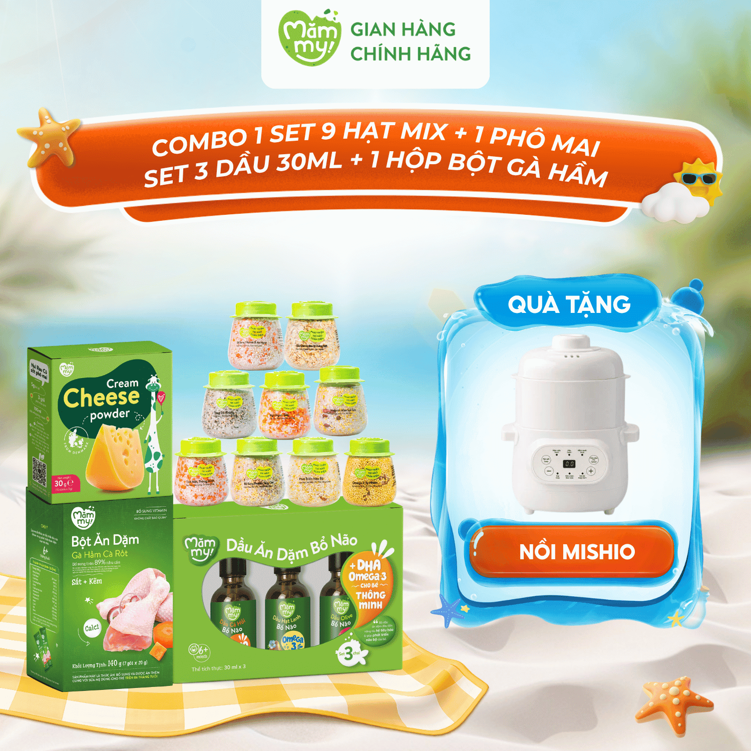 Combo Set 9 Hạt Mix + Set 3 Dầu Bổ Não 30ml + Phô Mai Tách Muối + Bột Ăn Dặm Vị Gà Hầm - Tặng NỒI NẤU CHẬM MISHIO