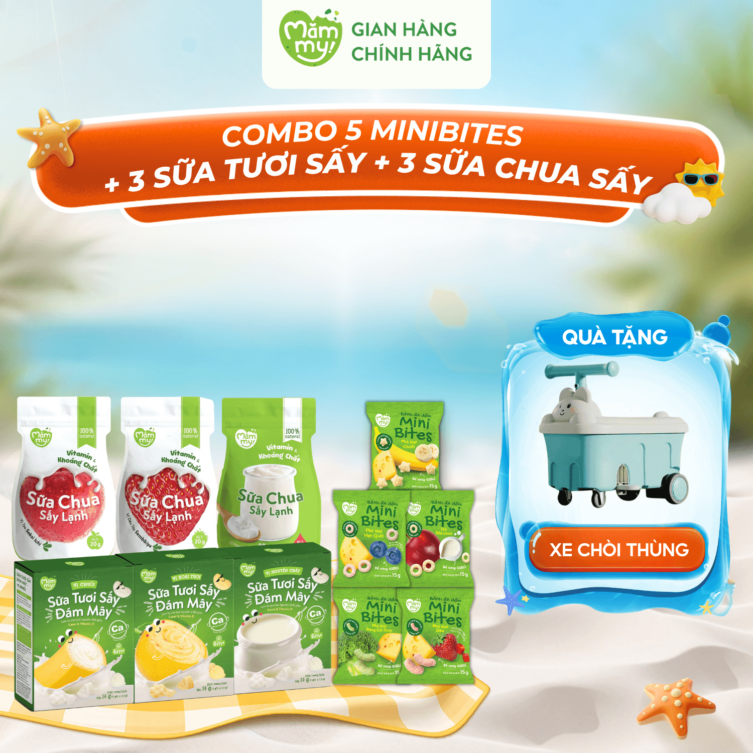 Combo 5 Minibites Đủ Vị + 3 Sữa Chua Sấy + 3 Sữa Tươi Sấy - Tặng Xe Chòi Thùng