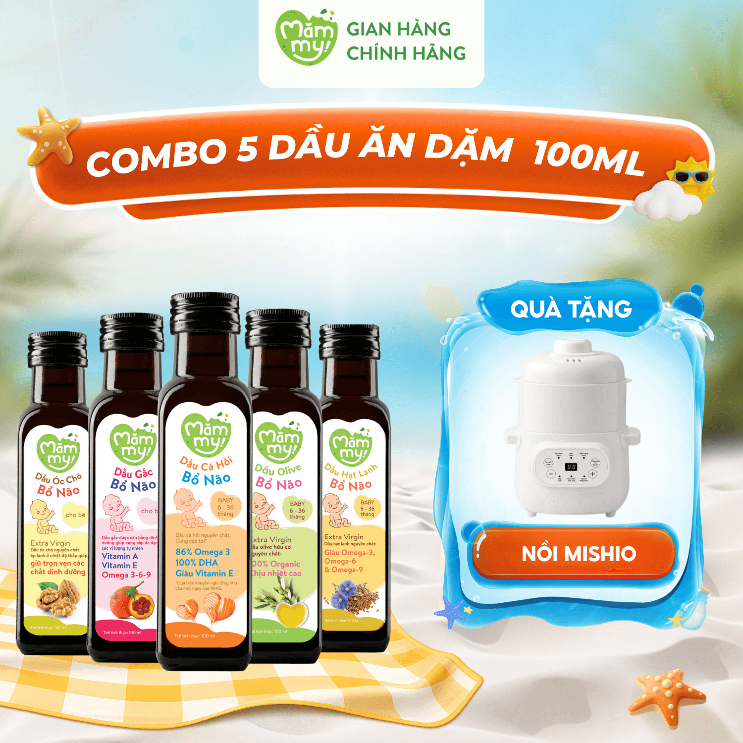 Combo 5 dầu ăn dặm chai 100ml - Tặng NỒI NẤU CHẬM MISHIO