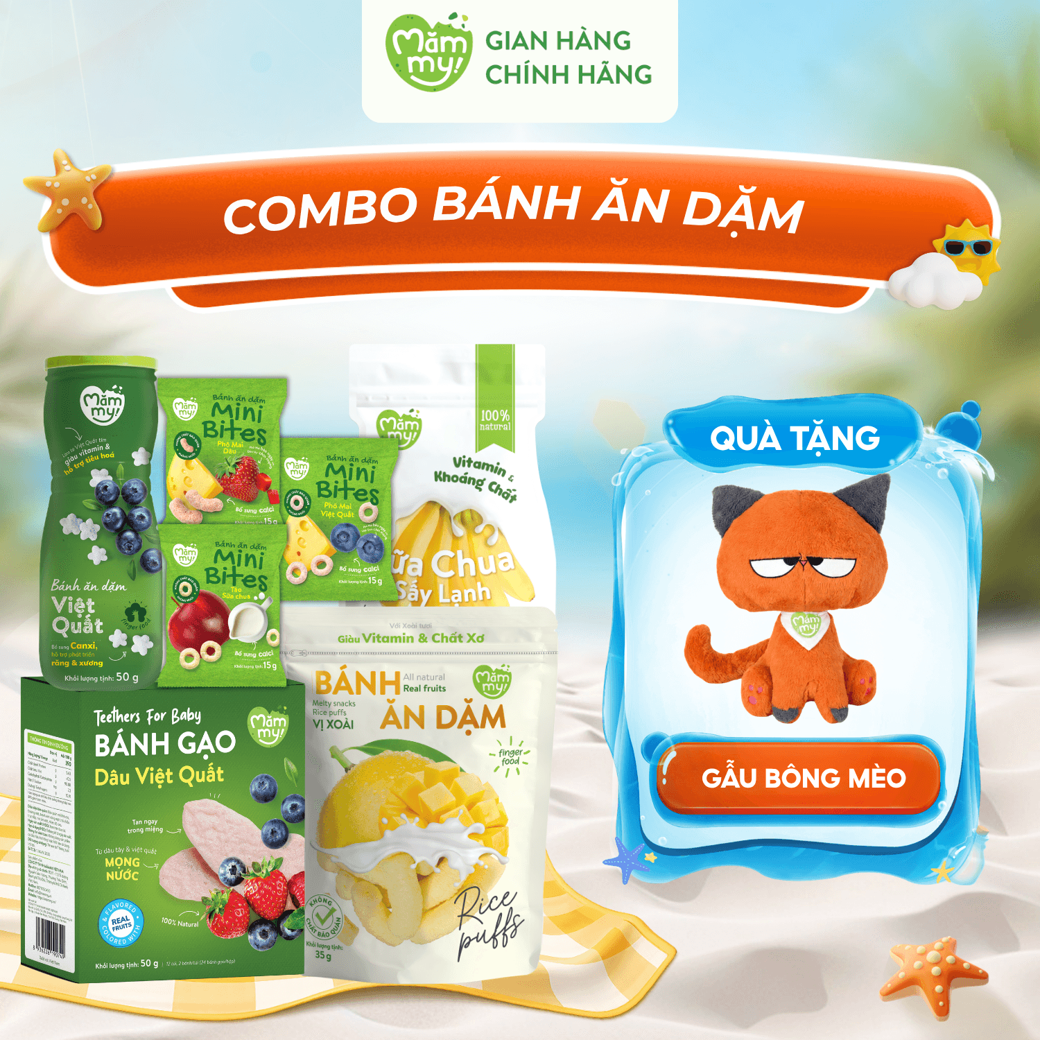 Combo 1 Sữa Chua Sấy + 1 Hộp Bánh Gạo Dẹt + 3 Bánh Minibites + 1 Túi Bánh Ăn Dặm 35g + 1 Bánh Hũ Mămmy -TẶNG GẤU BÔNG MÈO MẶT QUẠO