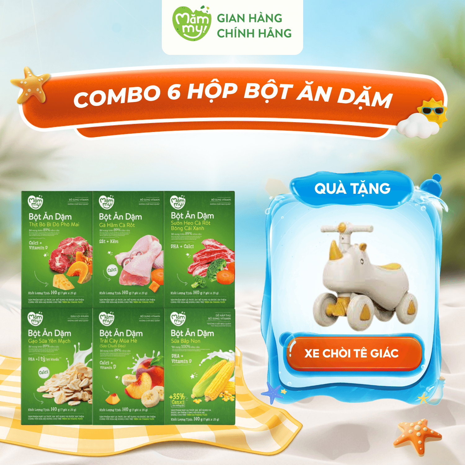 Combo 6 hộp bột ăn dặm (đủ vị) - Tặng XE CHÒI CHÂN TÊ GIÁC