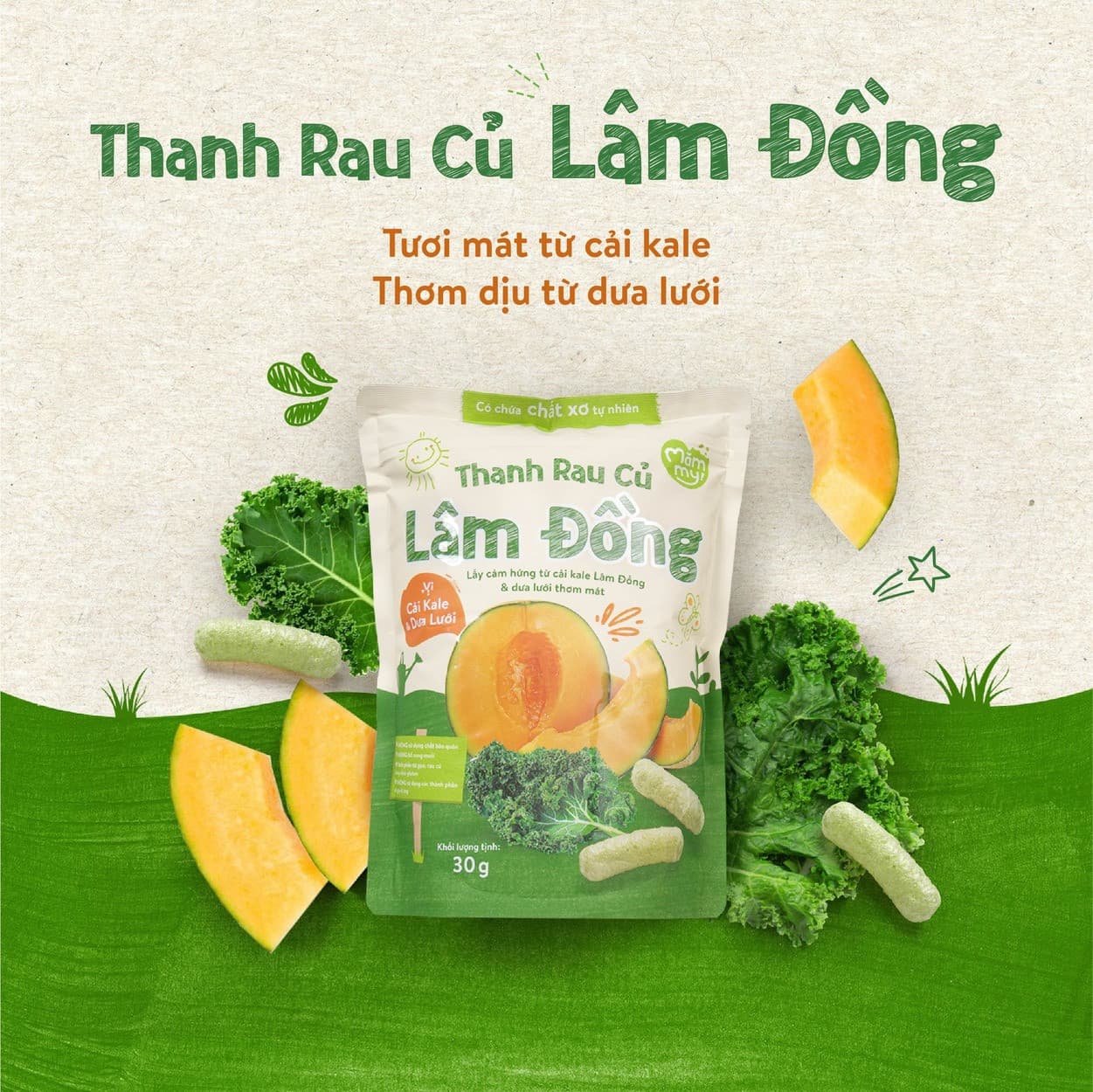 Bánh thanh rau củ Lâm Đồng vị Cải Kale & Dưa Lưới 30 g 2