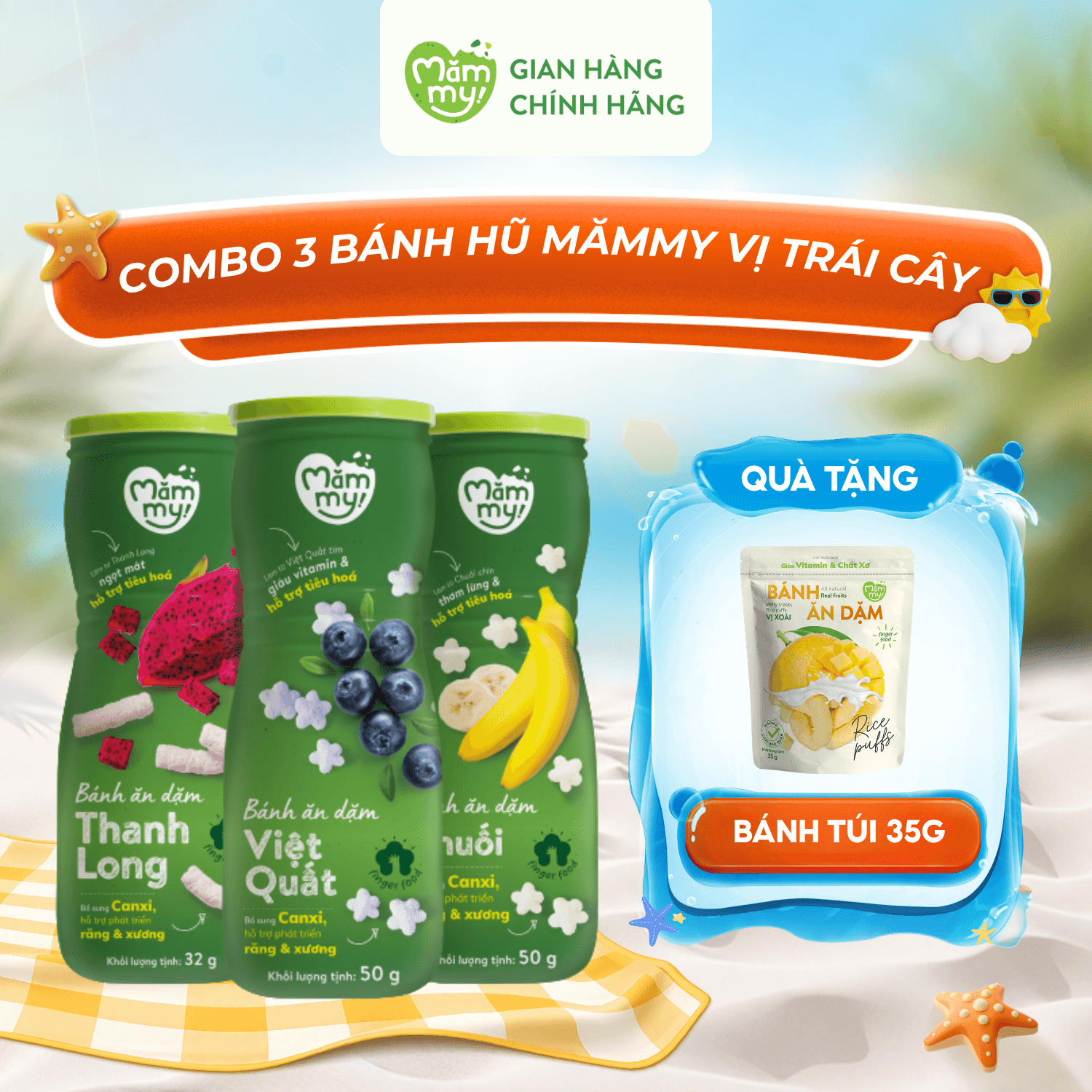 Combo 3 hũ bánh ăn dặm vị trái cây - Tặng Túi bánh 35g