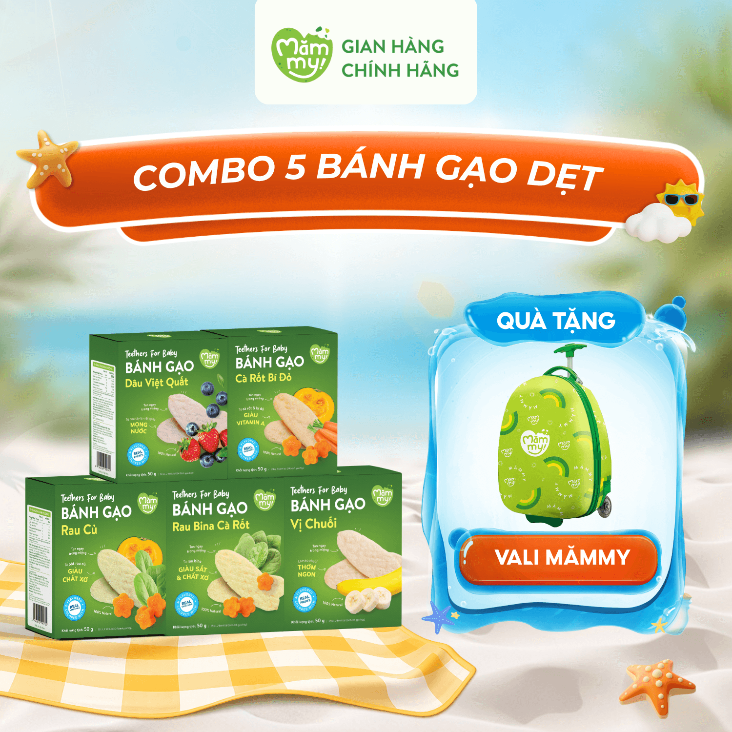 Combo 5 hộp bánh gạo dẹt- Tặng 1 Vali Mămmy