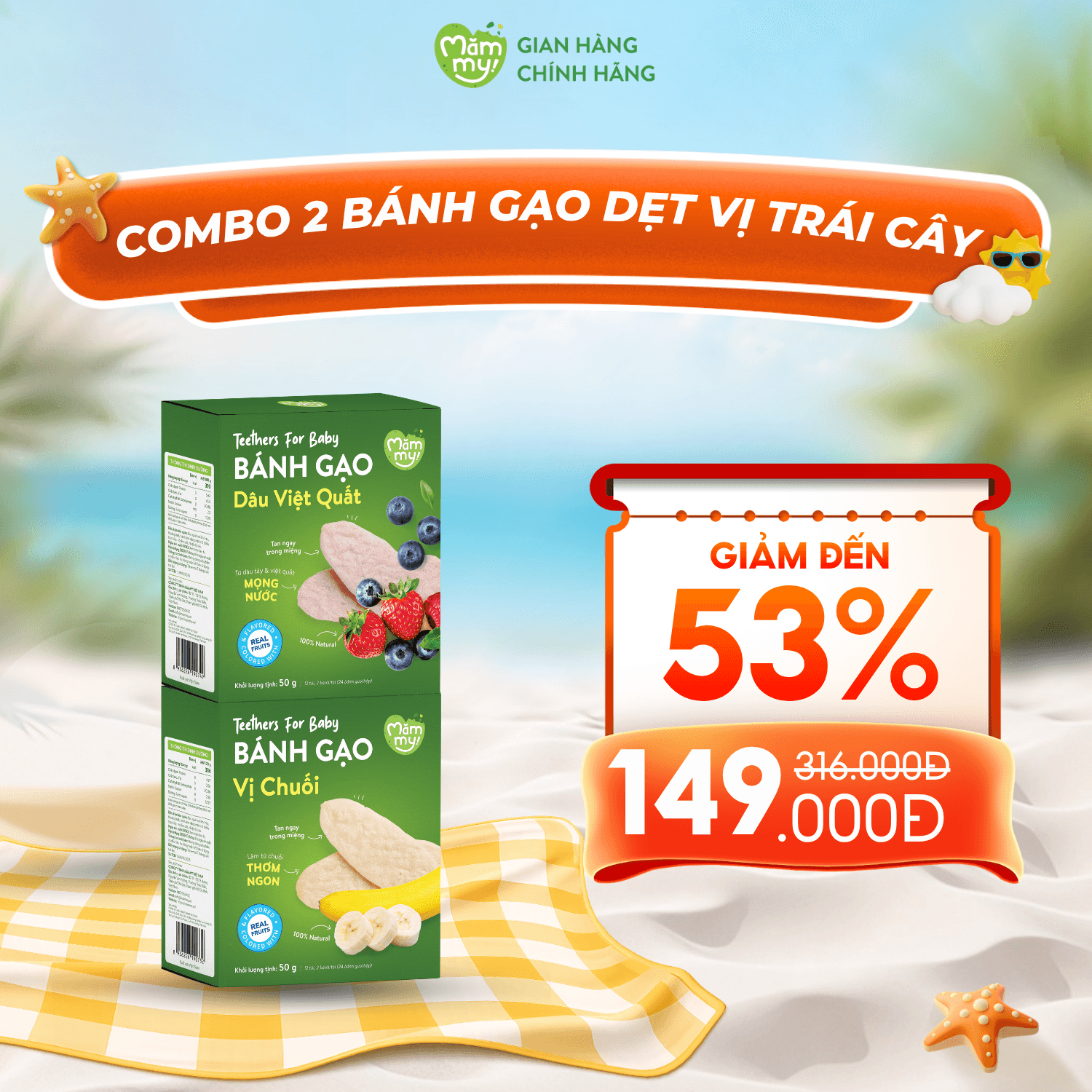Combo 2 Bánh Gạo Dẹt Vị Trái Cây ( Chuối, Dâu Việt Quất) Hộp 50g