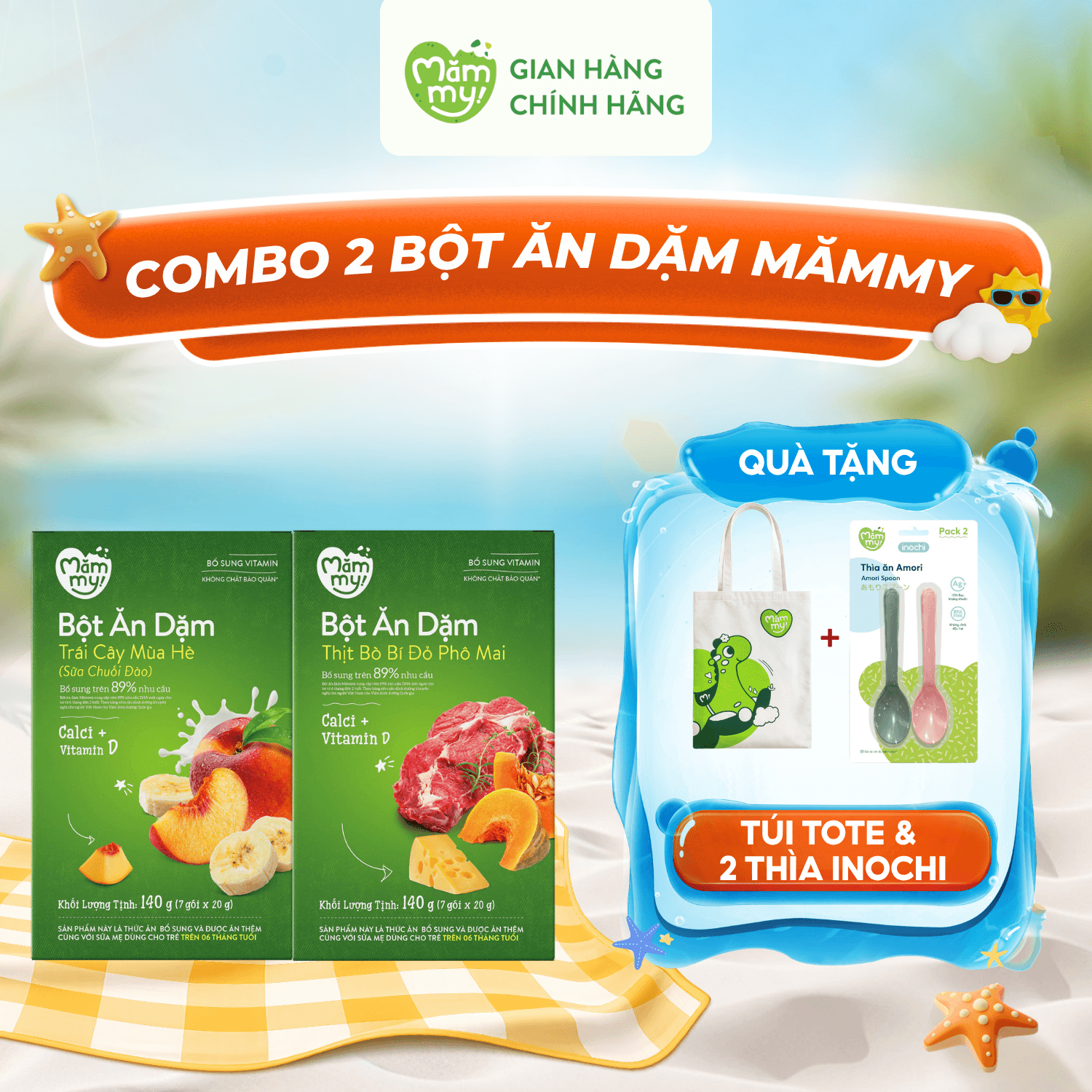 Combo 2 hộp bột ăn dặm 140g - Tặng 1 túi tote + 2 thìa inochi
