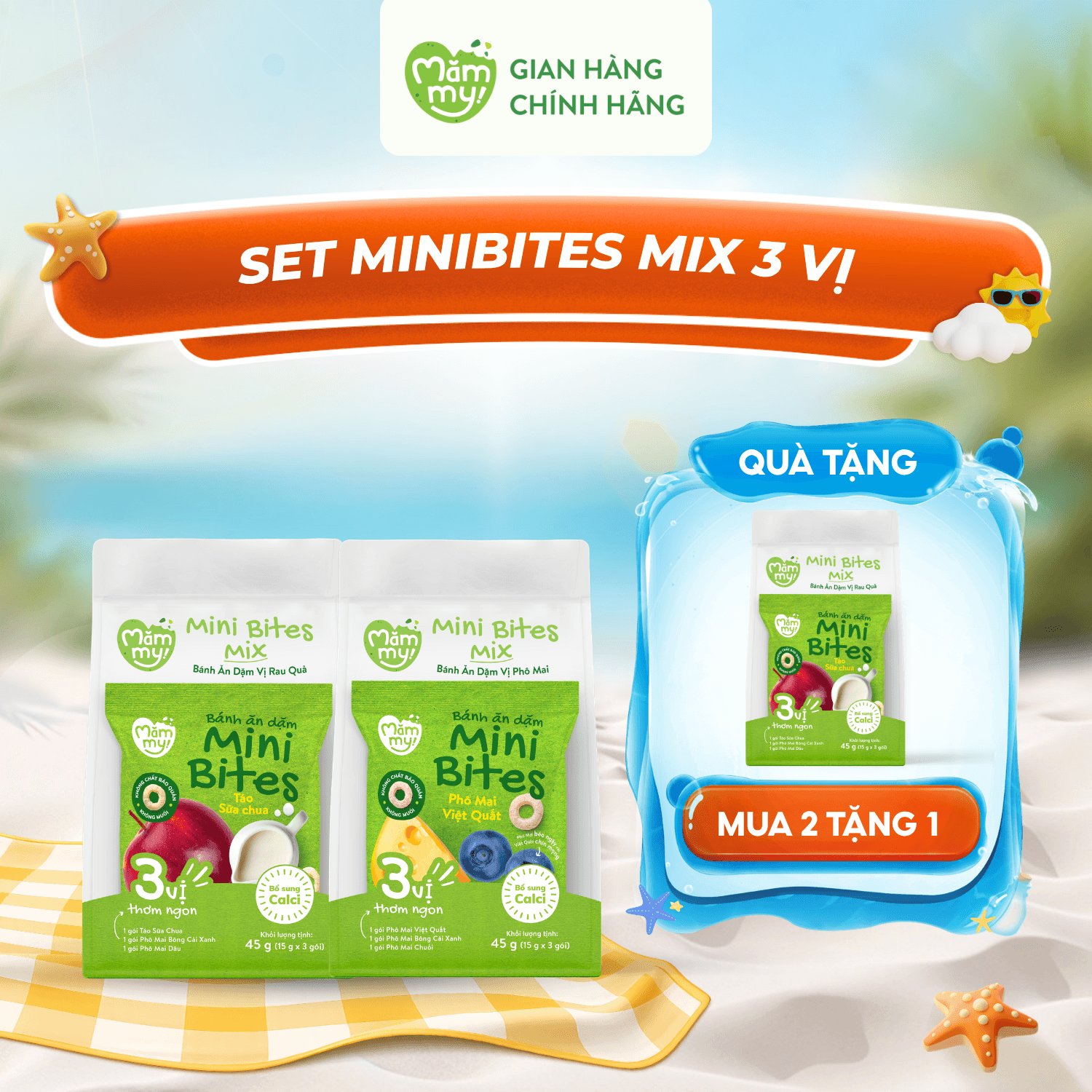 Combo 2 túi bánh ăn dặm MiniBites (Mix Vị Phô Mai + Mix vị Rau Quả) - Tặng 1 túi Minibites