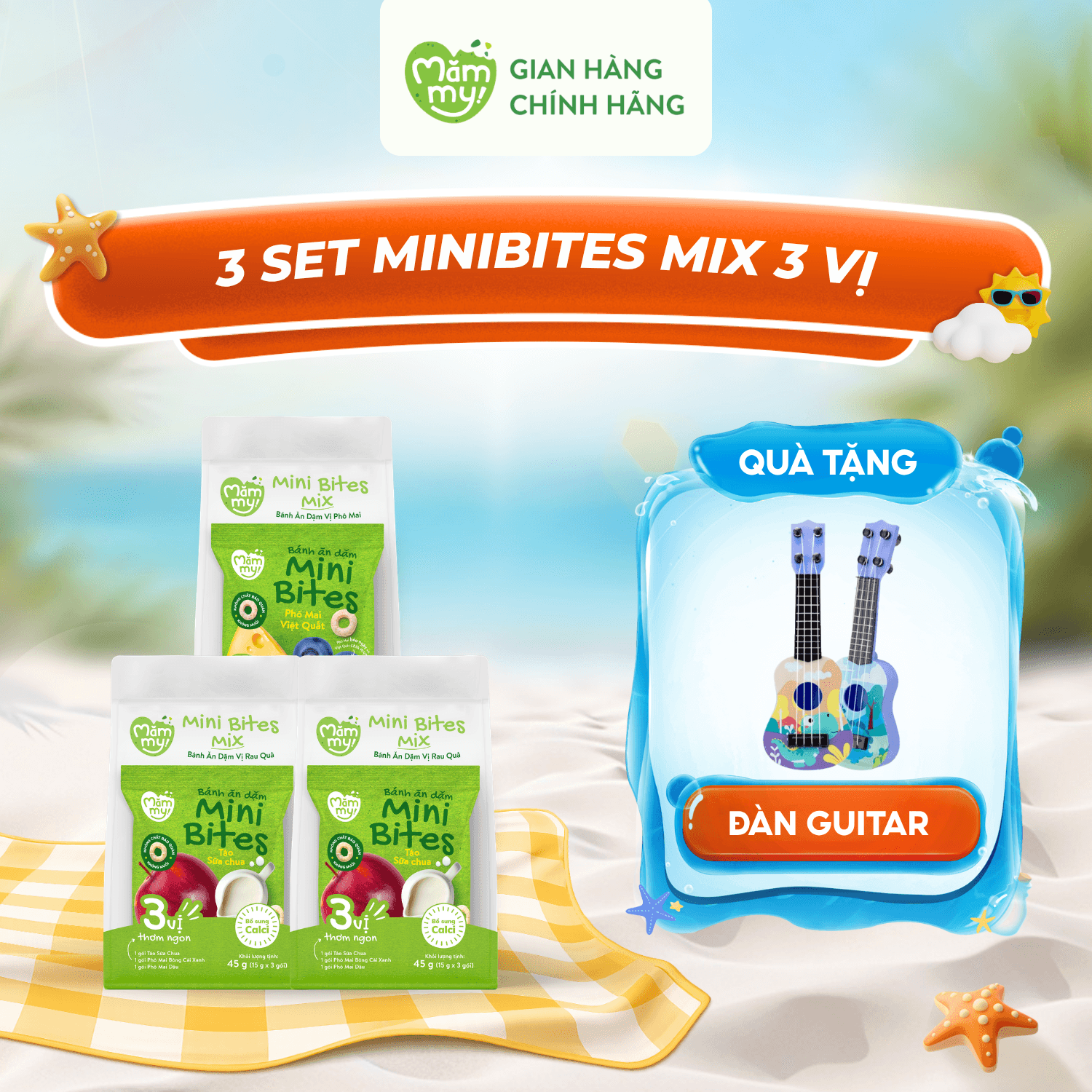 Combo 3 túi bánh ăn dặm MiniBites Mix Vị - Tặng Đàn guitar