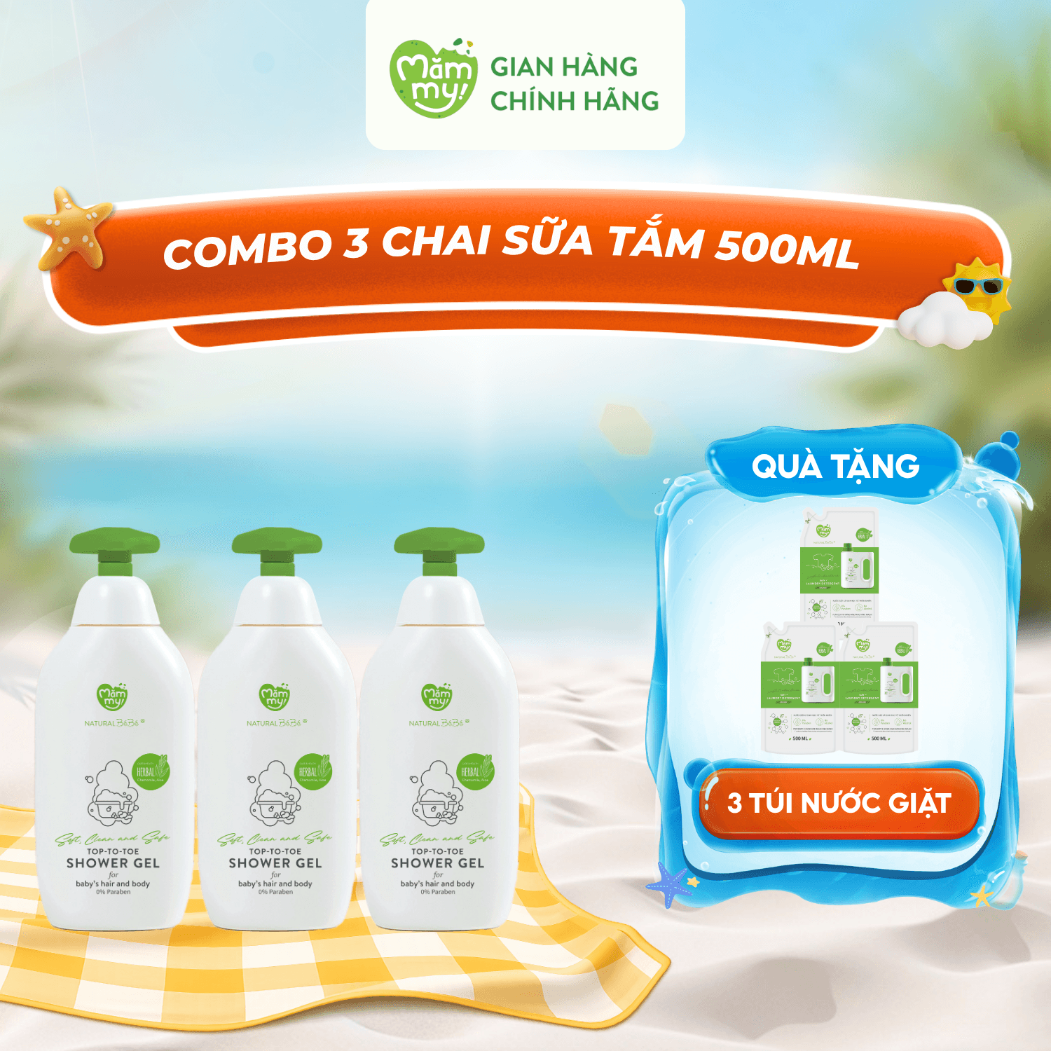 Combo 3 Sữa Tắm Gội Mămmy Chai 500ml-Tặng 3 túi nước giặt 500ml hương nắng mới 1