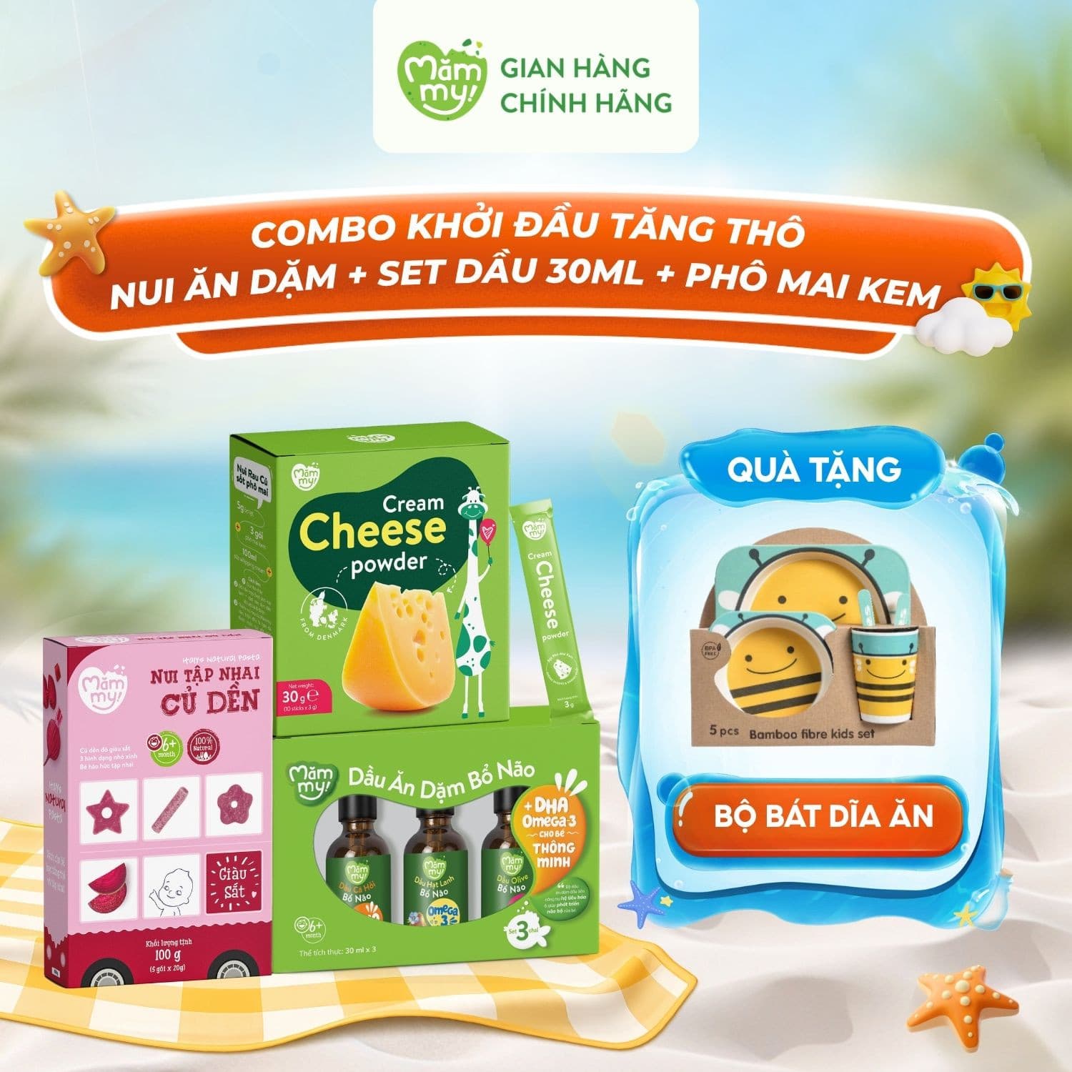 Khởi đầu tăng thô: Nui Tập Nhai + Set Dầu 30ml + Phô Mai Tách Muối - Tặng BỘ BÁT DĨA ĂN CHO BÉ
