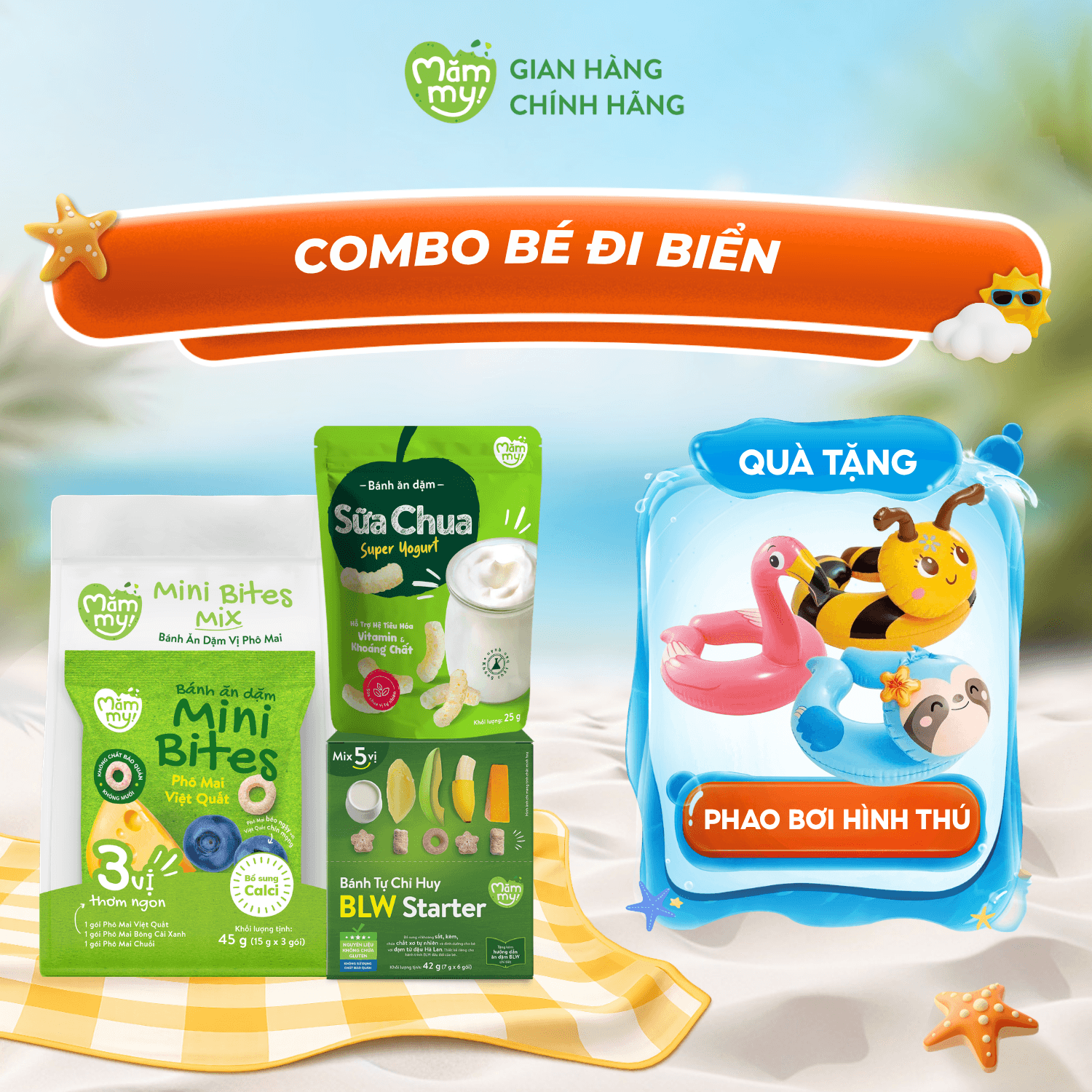 Combo Bé Đi Biển (1 hộp BLW mix 5 vị, 1 set Minibites mix vị rau củ, 1 gói bánh vị sữa chua 25g) - Tặng PHAO BƠI HÌNH THÚ