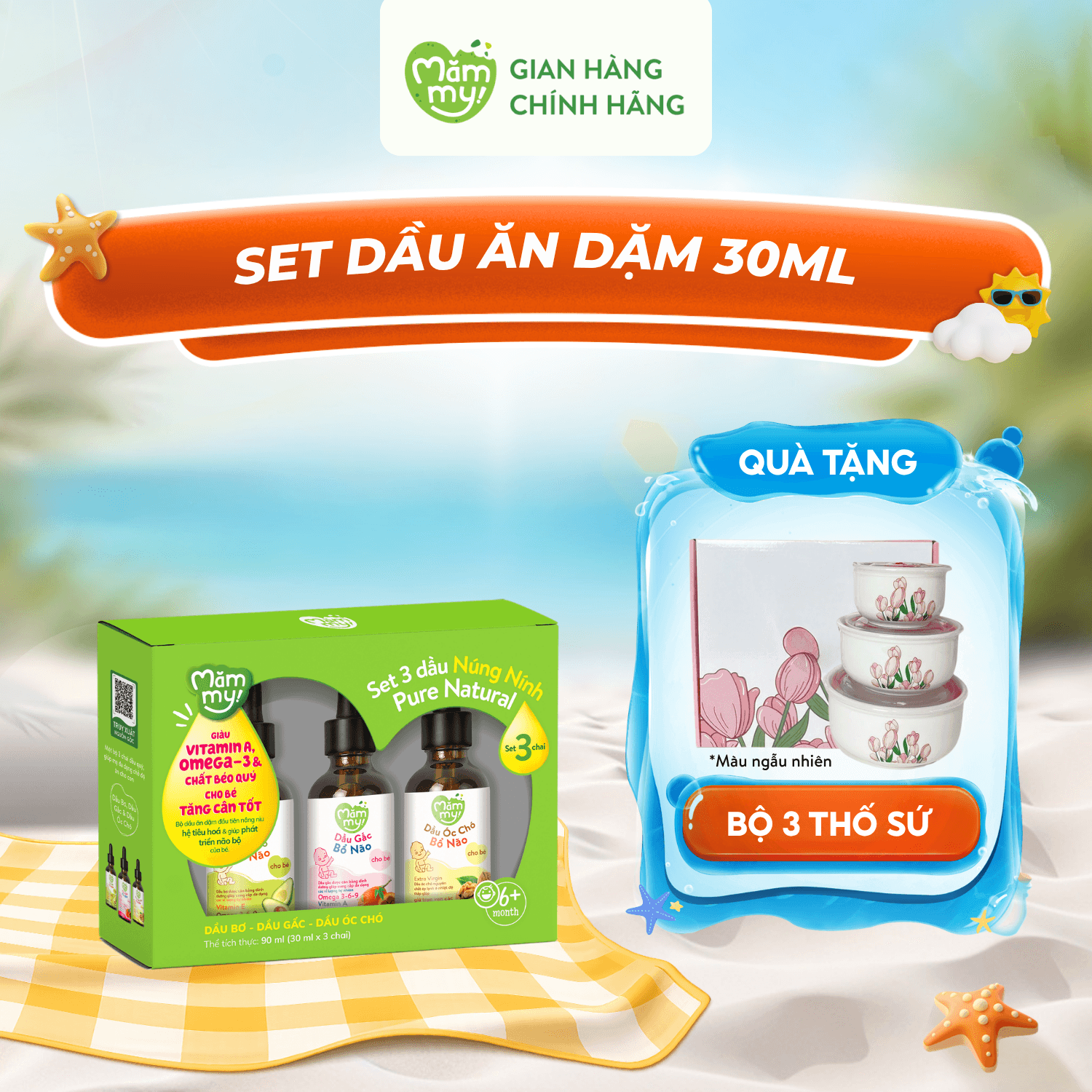 Set 3 Chai Dầu Ăn Dặm Núng Nính Mămmy (30ml/Chai) - Tặng Bộ 3 Thố sứ